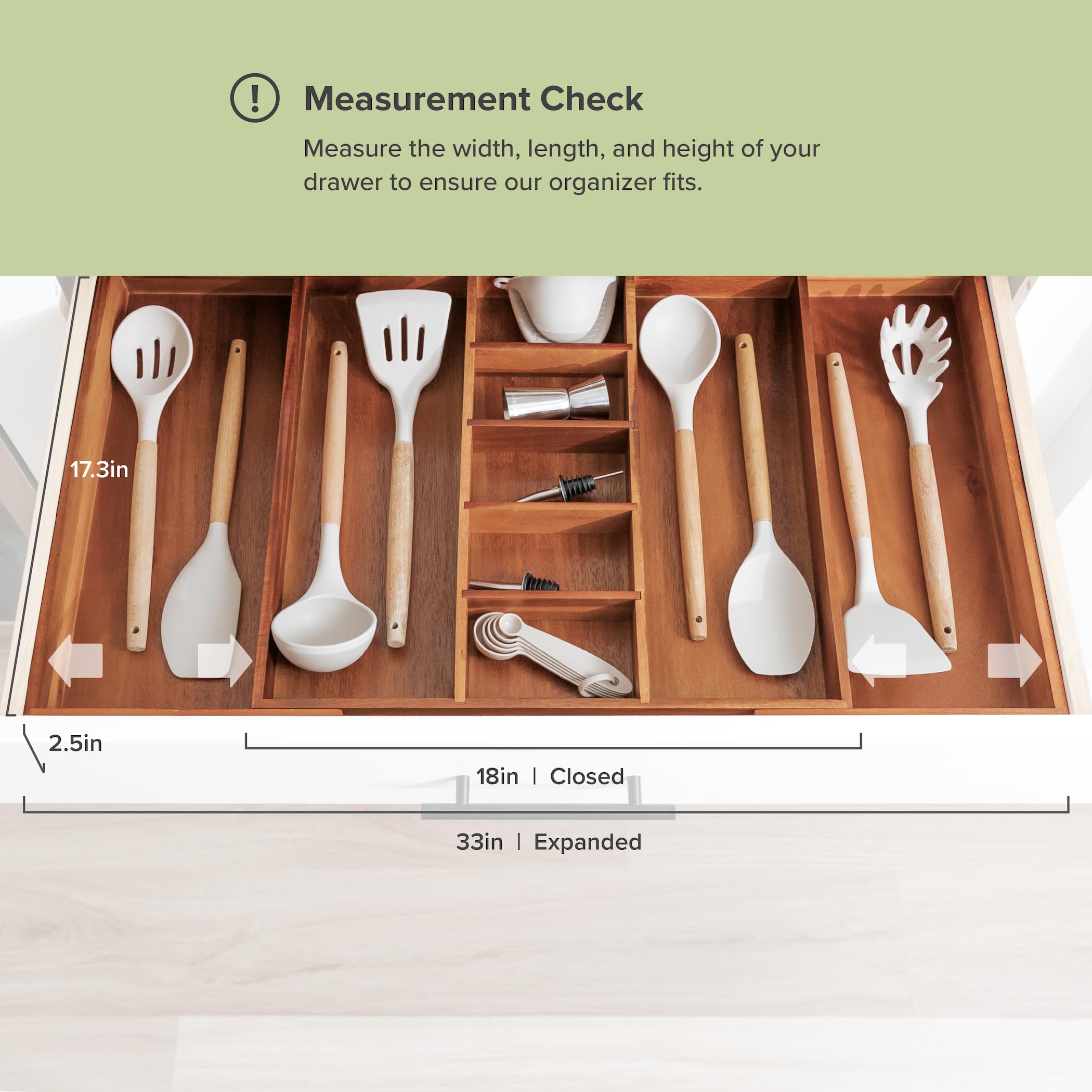 Kitchenedge Adjustable Kitchen Drawer Organizer For Utensils And Junk, Expandable To 19 To 33 Inches Wide, 9 Compartments, Food-