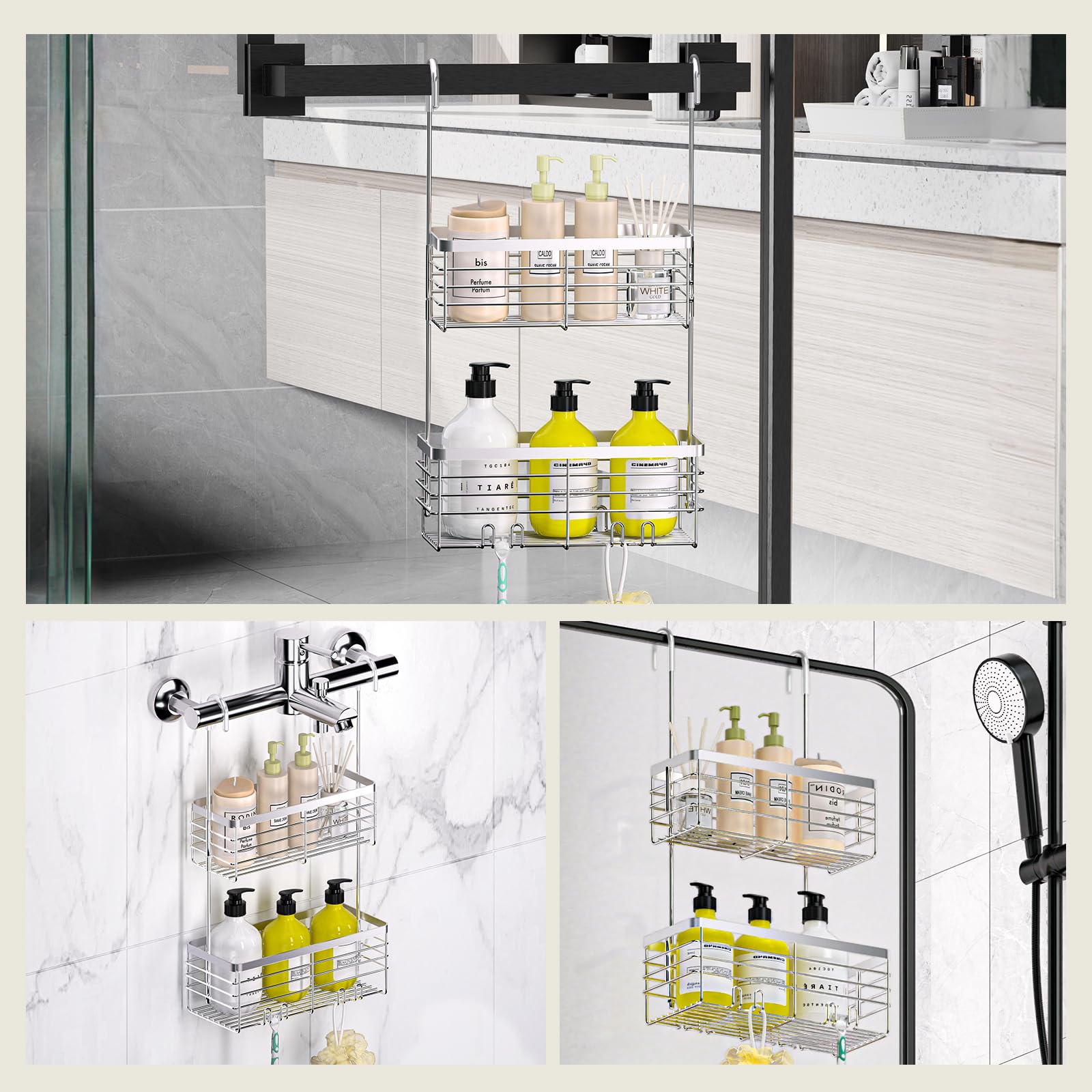 Dellan Hanging Shower Organizer, 2-Tier Shower Rack With Hooks Over The Door, Bathroom Shower Caddy And Basket