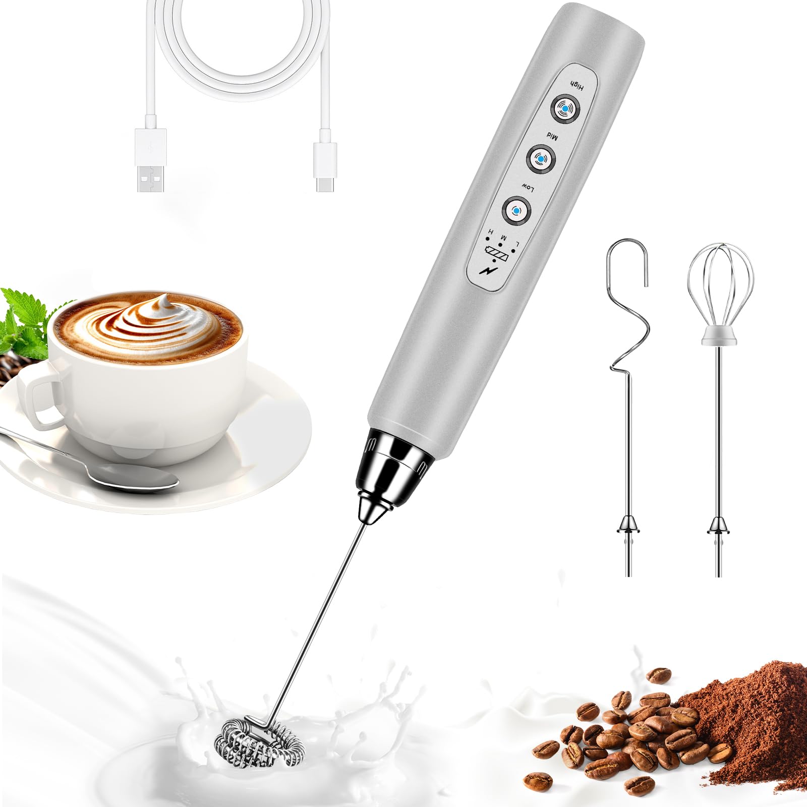 Bsrgms Milk Frother Handheld For Coffee, Electric Whisk 3 Speed Adjustable, Drink Mixer With Stainless 3 Whisks, Rechargeable Ha