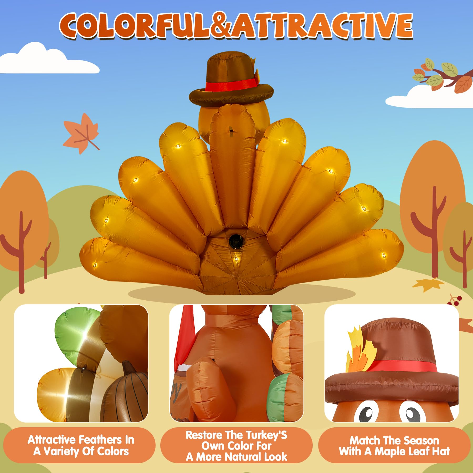Loninak 6 Ft Thanksgiving Inflatable Decoration, Happy Thanksgiving Turkey Built-in LED Lights, Outdoor Blow Up Yard Fun Decor,