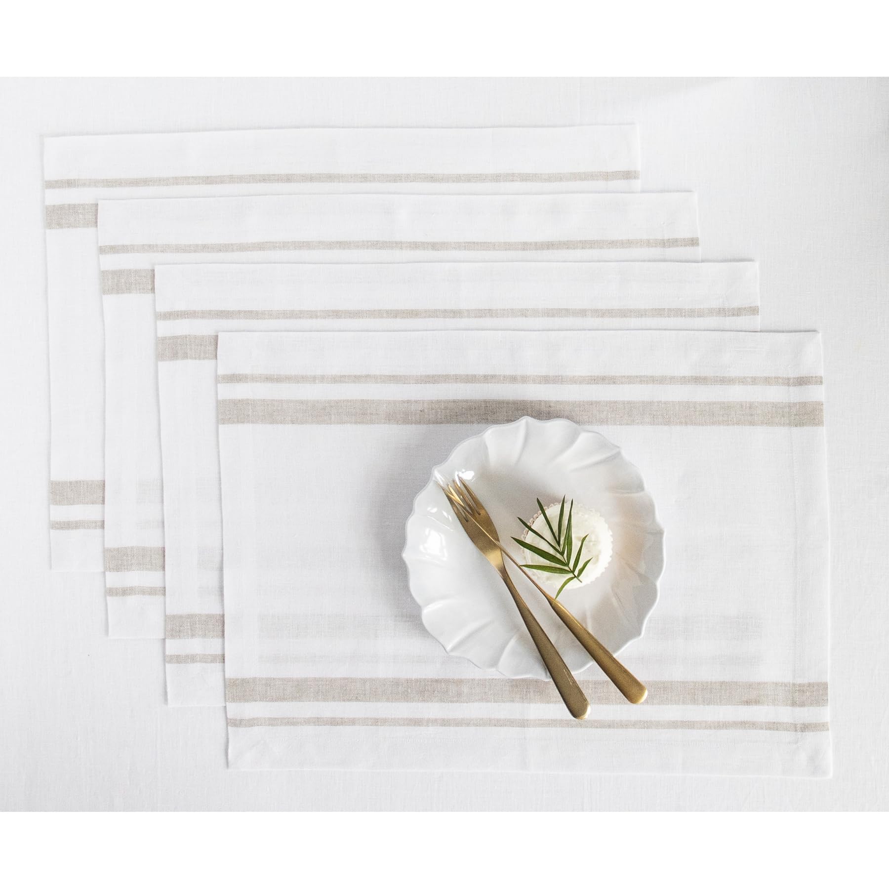 Solino Home Stripe Linen Placemats 19'' L X 14'' W - 100% Pure Linen Natural And White Cloth Placemats Set Of 4 - French Stripe,
