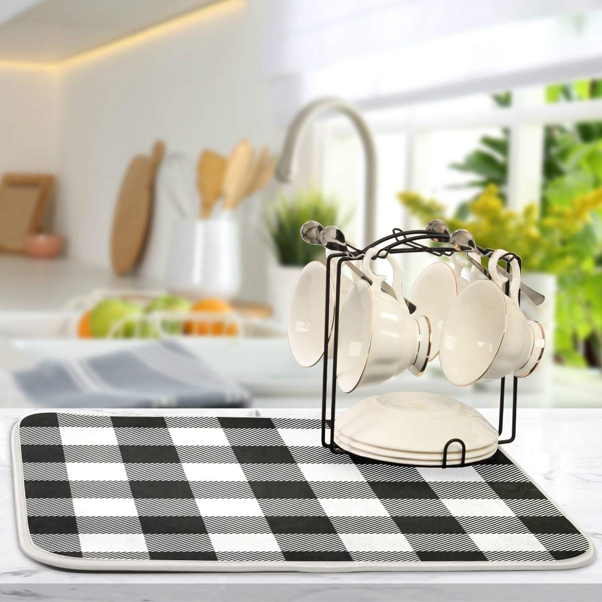 White And Black Buffalo Plaid Dish Drying Mat 18X24 For Kitchen Classic Buffalo Check Dishes Pad Dish Drainer Rack Mats Absorben