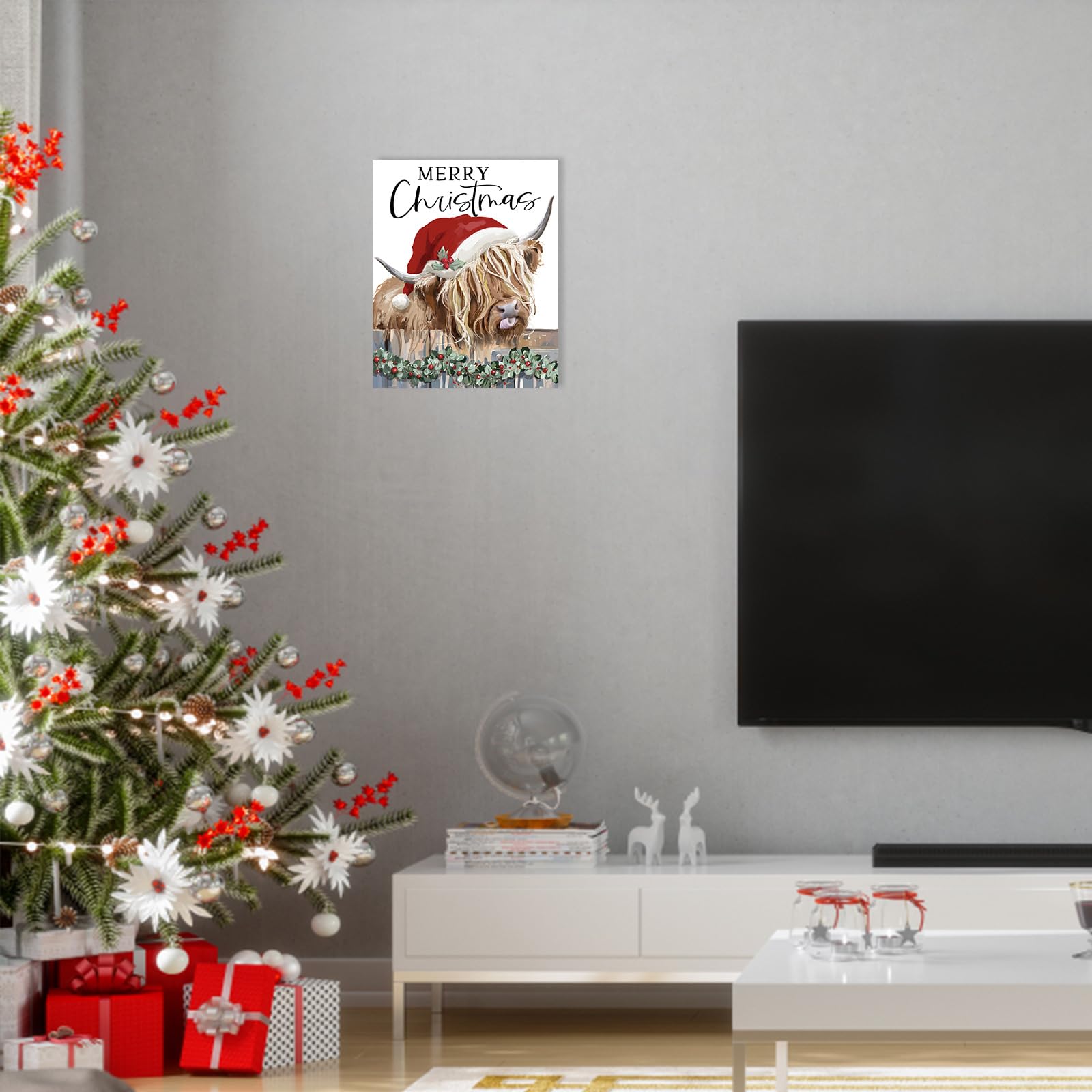 Christmas Highland Cow Wall Decor:Merry Christmas Canvas Wall Art Cow Pictures Farm Animal Prints Xmas Holiday Decorations Farmh