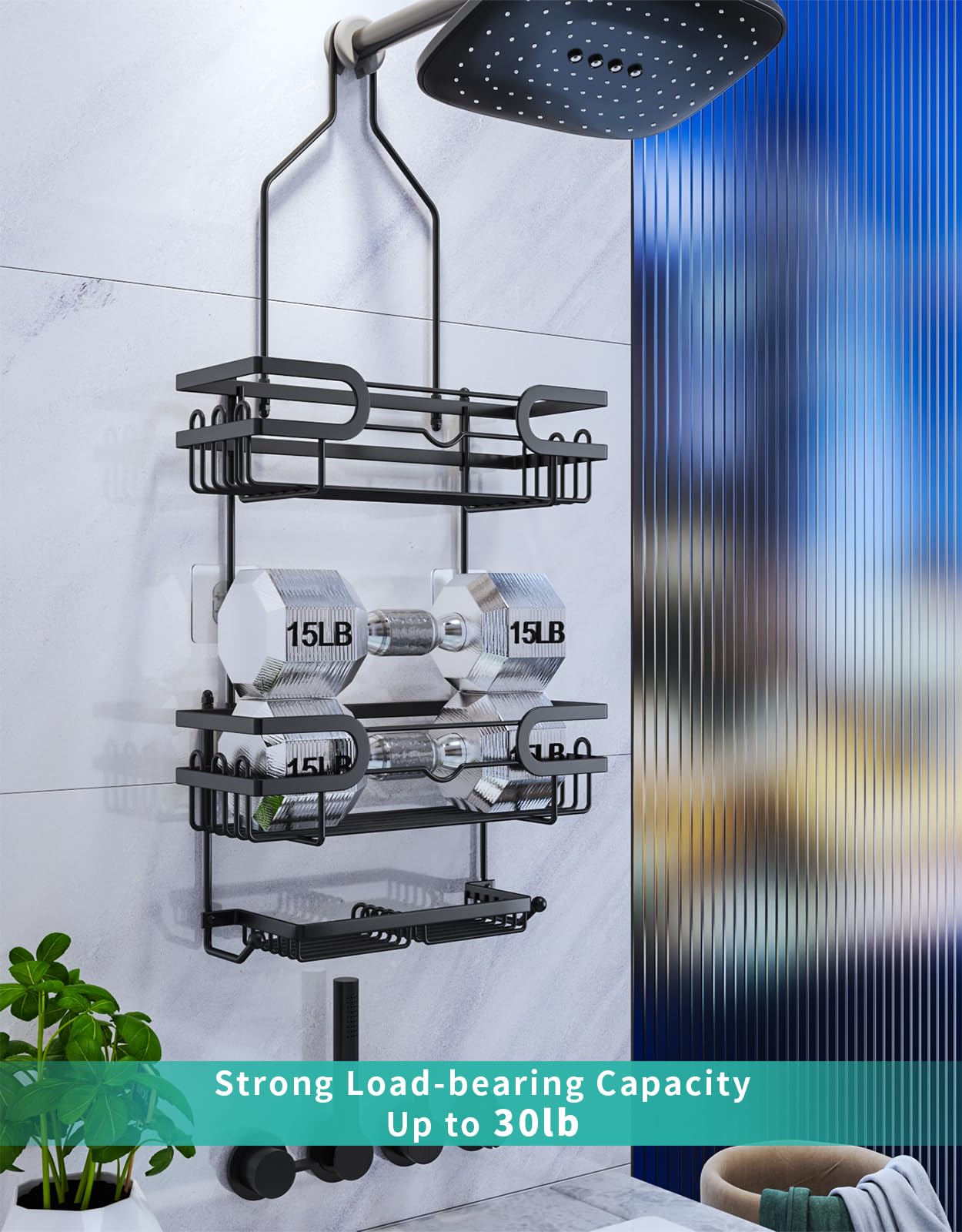 Hapirm Bathroom Hanging Shower Caddy - Rustproof & Waterproof Shower Shelf Over Shower Head With 12 Hooks And 2 Soap Holders, No