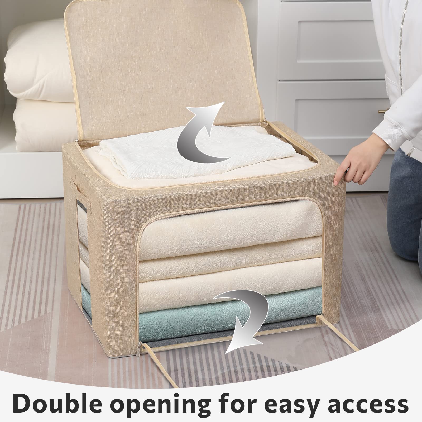 2 Pack Clothes Storage Bins - Stackable Metal Frame Storage Box Foldable Linen Fabric Box Organizer with Carrying Handles and Cl