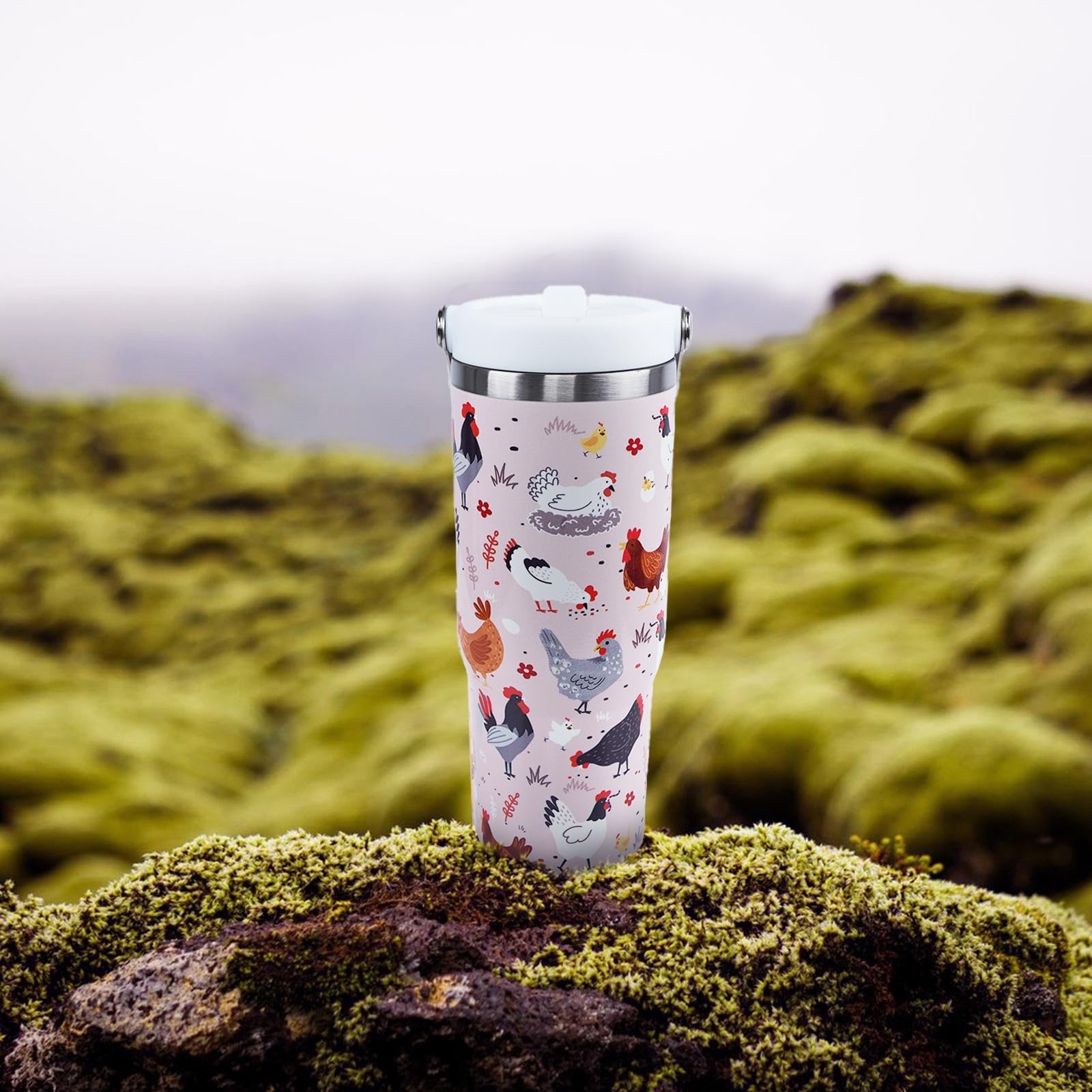 30 Oz Tumbler With Handle Flip Straw Leak Proof - Chicken And Rooster Design 30Oz Tumbler Travel Coffee Mug With Handle - Birthd