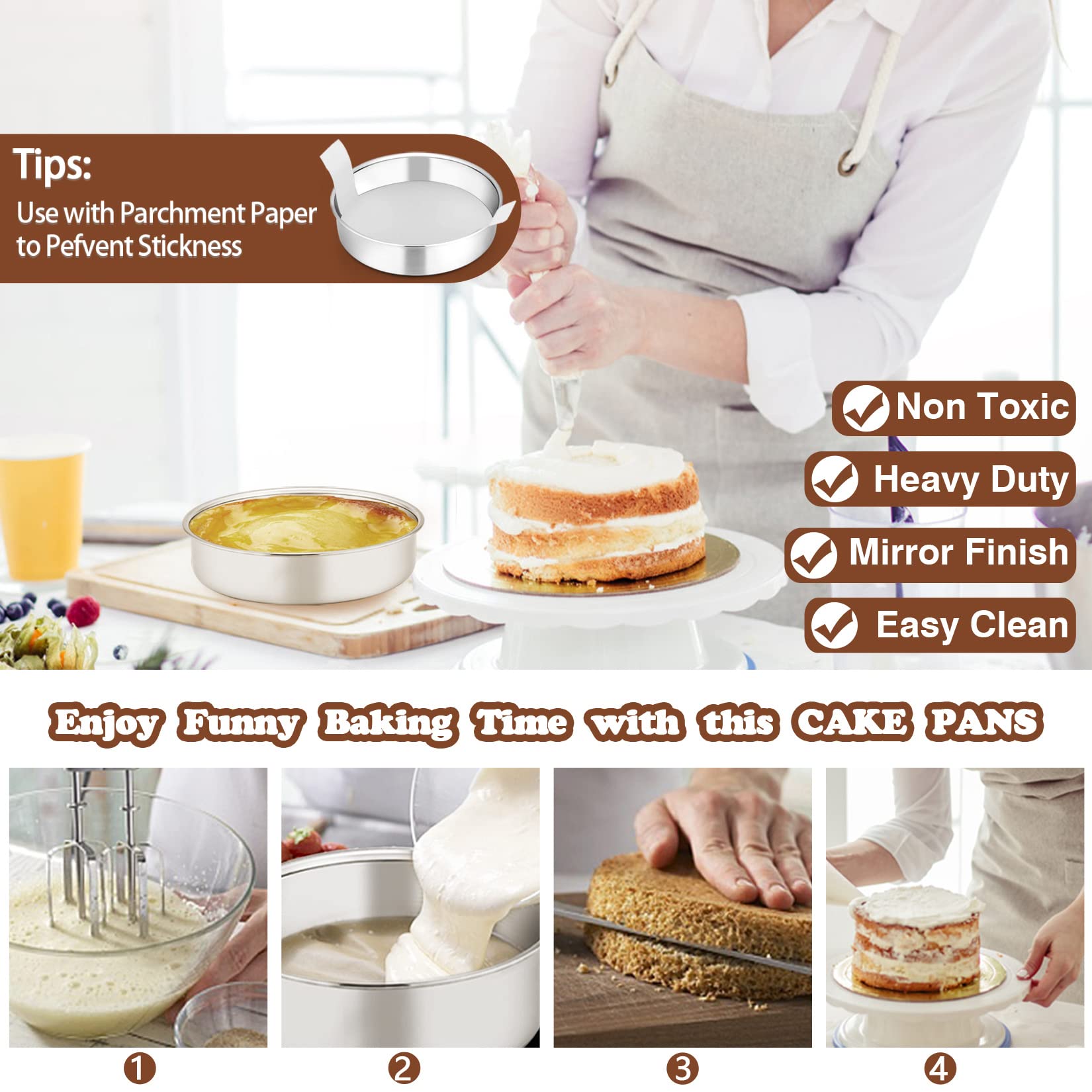 P&P Chef 6 Inch Cake Pans Set Of 4, Round Baking Pan, Stainless Steel Birthday Wedding Metal Layer Cake Pans, Non Toxic & Health