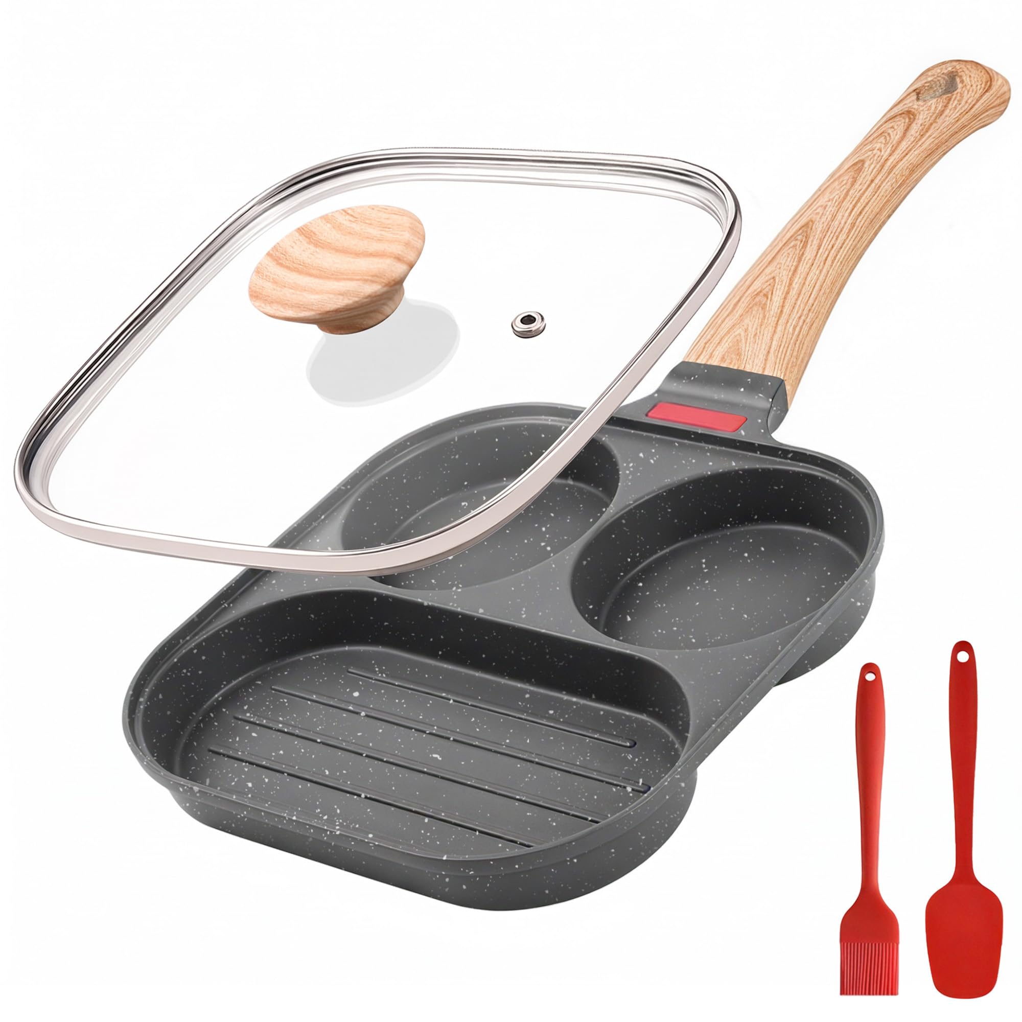 Foorey Home Egg Pan with Lid 3 Cup Nonstick Egg Frying Pan Omelette Skillet | Aluminum Omelet Pan with Glass Lid and Spatula, an