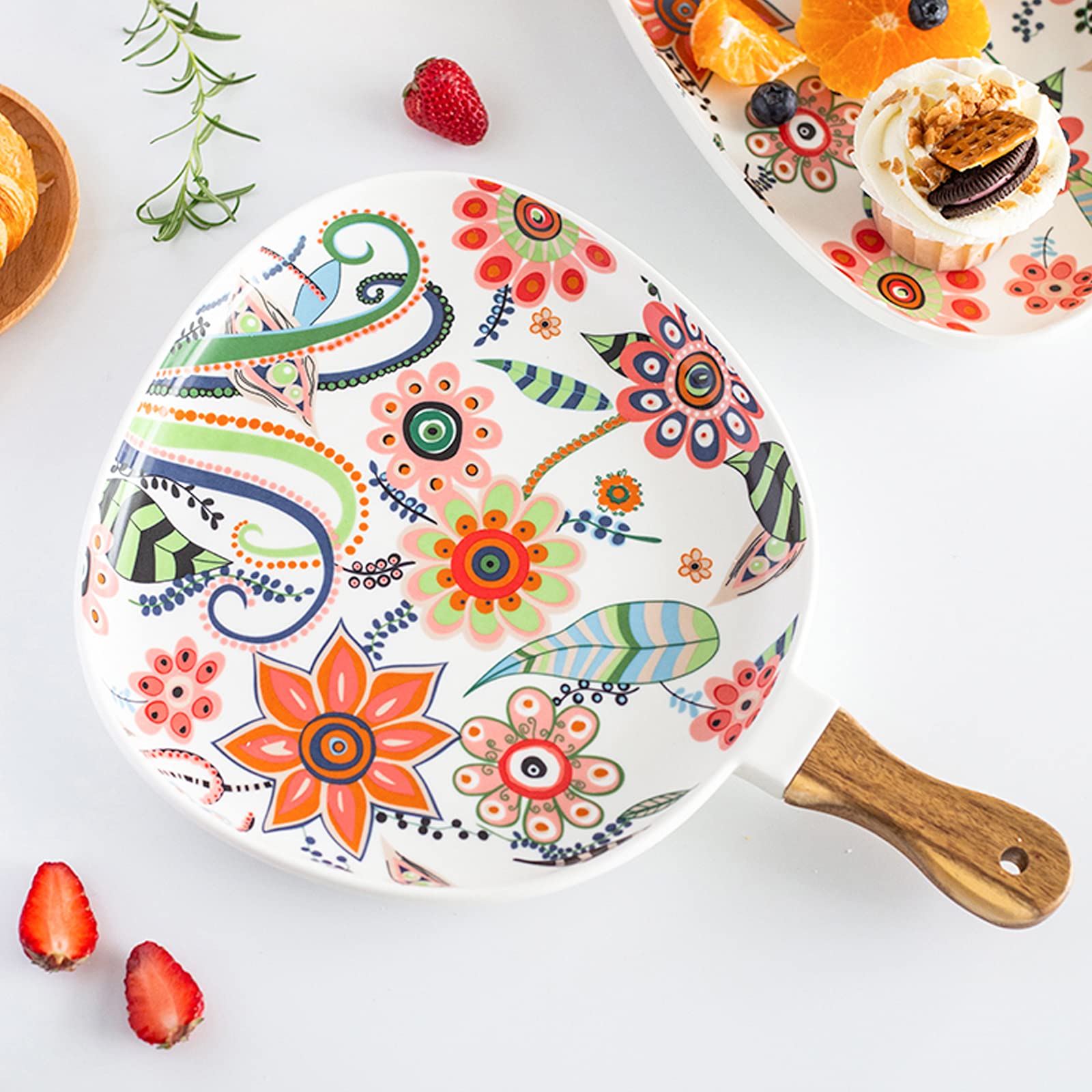 Lucck Ceramic Serving Plates With Handle 8.2 Inch Unique Oval Dinner Plates Flower Pattern Matte Ceramic Baking Dish For Side Di