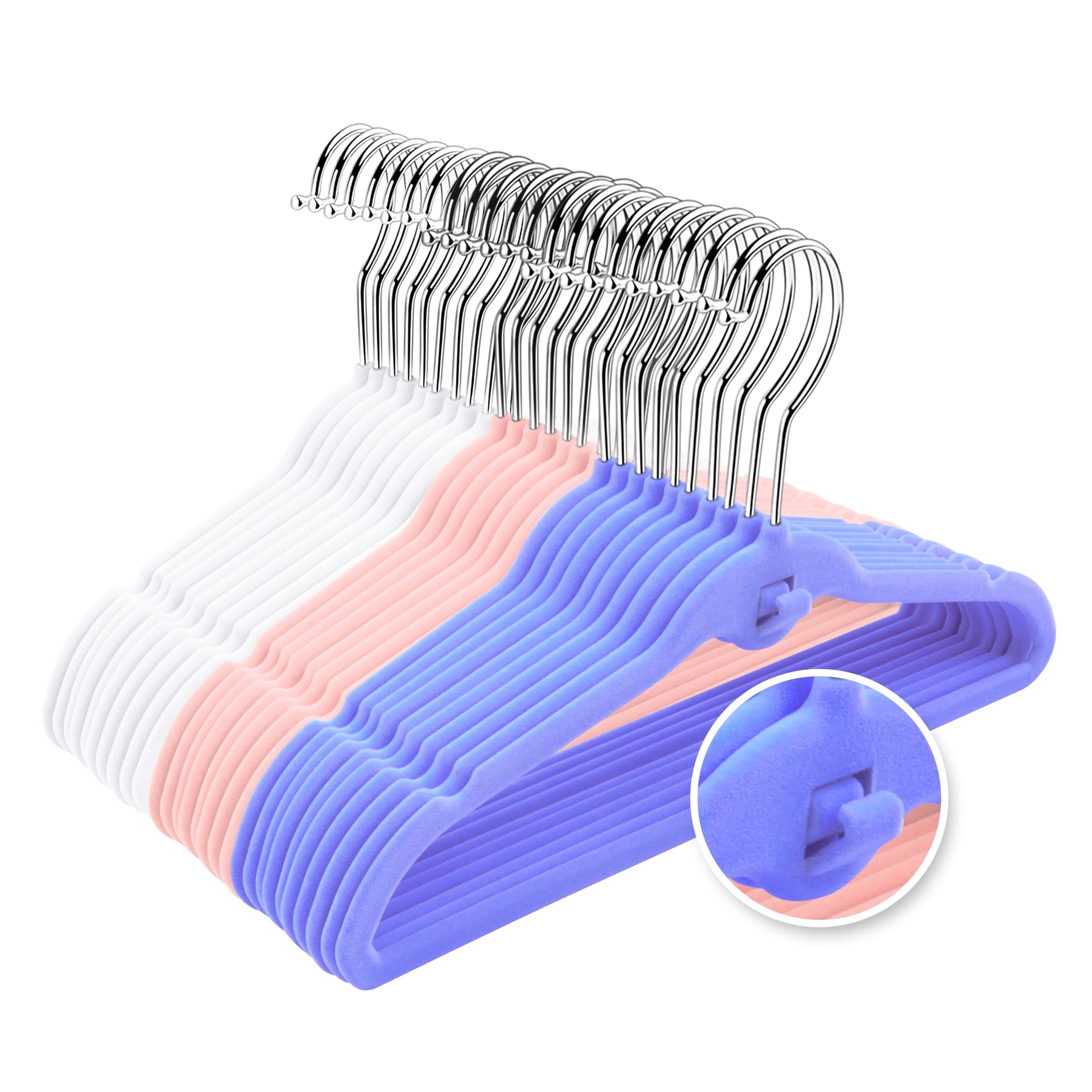 Pack Of 30 Kids Velvet Hangers, Non-Slip Space-Saving With Cascading Mini Hooks, Multi-Color (Pink, Lavender, White) Baby And To