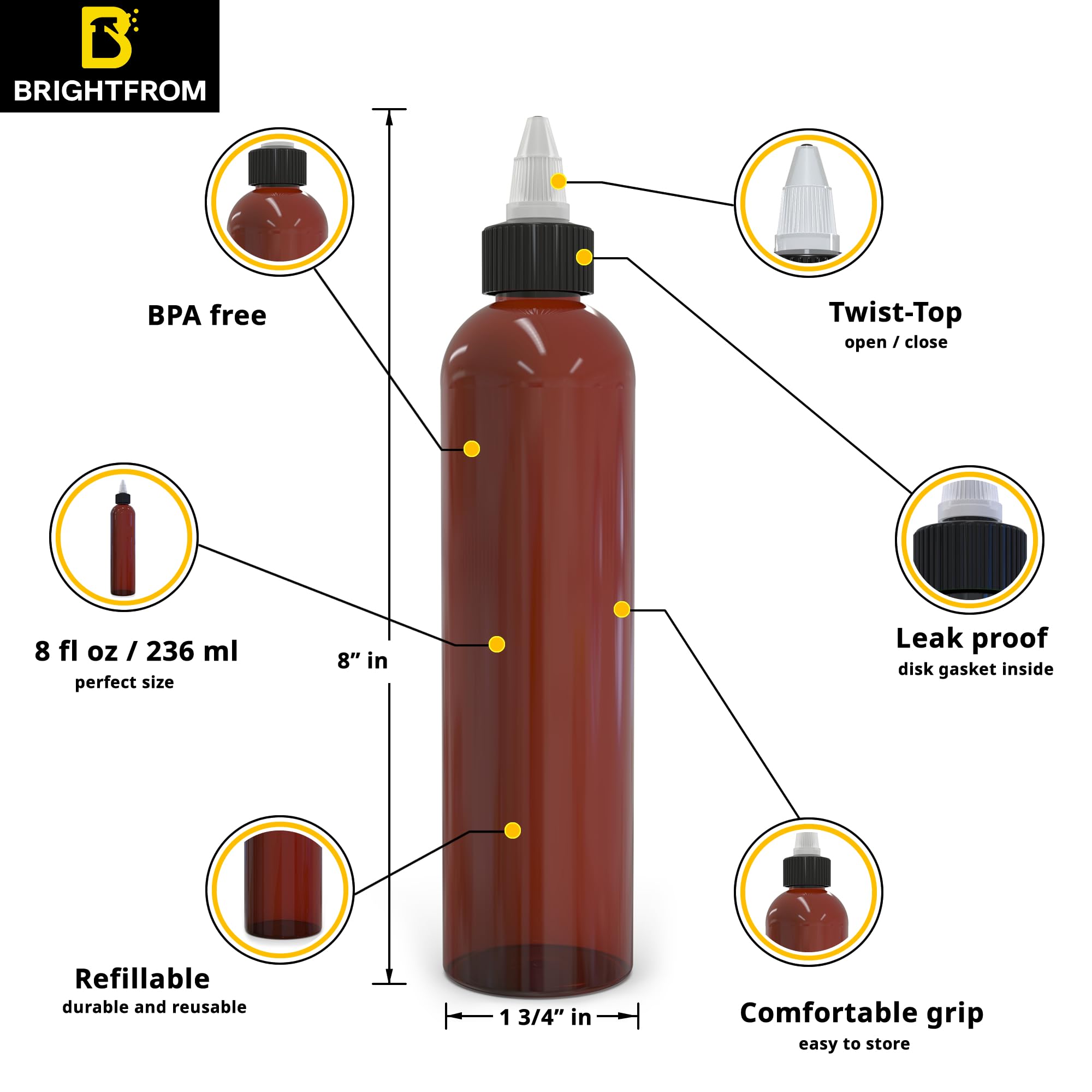 Brightfrom Twist Top Applicator Bottles, 8 Oz, Squeeze Empty Plastic Bottles, Black Nozzle, Bpa-Free, Pet, Refillable, Open/Clos