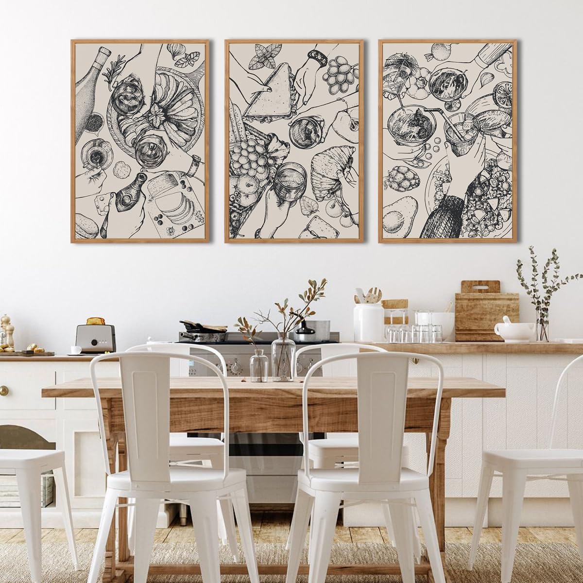 Bincue Framed Food Wood Wall Art Set Of Three Modern Cheers Kitchen Wall Decor Abstract Friends Party Art Print For Kitchen Dini