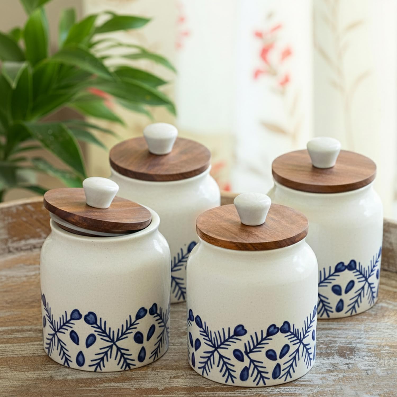 Exclusivelane Royal Mughal Airtight Ceramic Jars For Kitchen Storage (Set Of 4, Each Jar Capacity : 380 Ml, 13.4 Cm) |Ceramic 