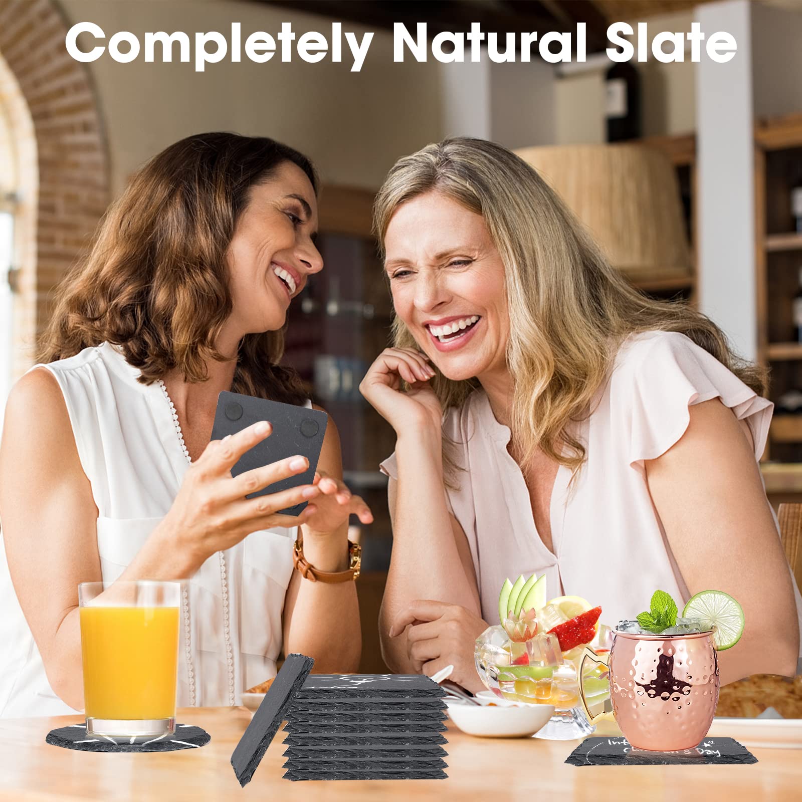 Slate Coasters for Drinks with Holder- Set of 20- Durable & Natural Stone Tiles for Drinks  Perfect for Crafts  Laser Engraving  Non-Slip Surface (20)