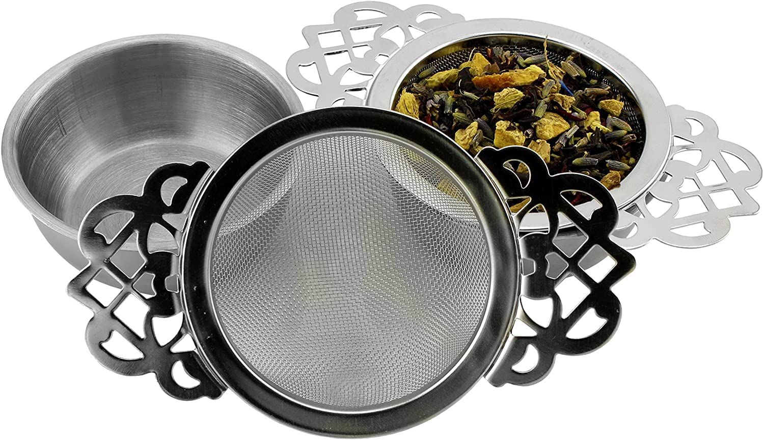 Solstice Empress Tea Strainers with Drip Bowls (2-Pack); Elegant Stainless Steel Loose Leaf Tea Strainers