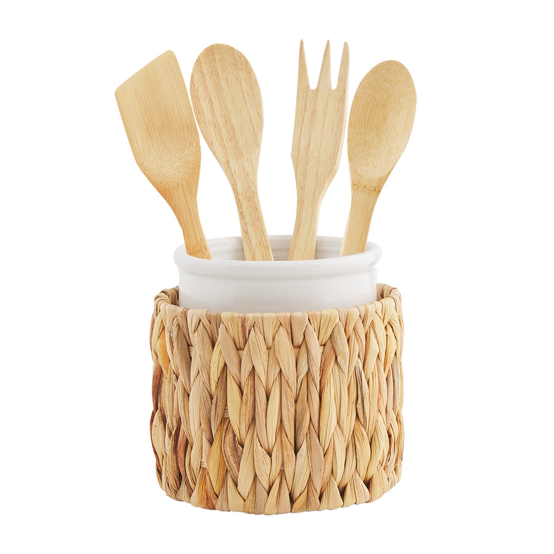 Mud Pie Hyacinth Utensil Holder With Utensil Set, White/Tan, Crock 6.26'' X 5.5'' Dia | Utensils 10''