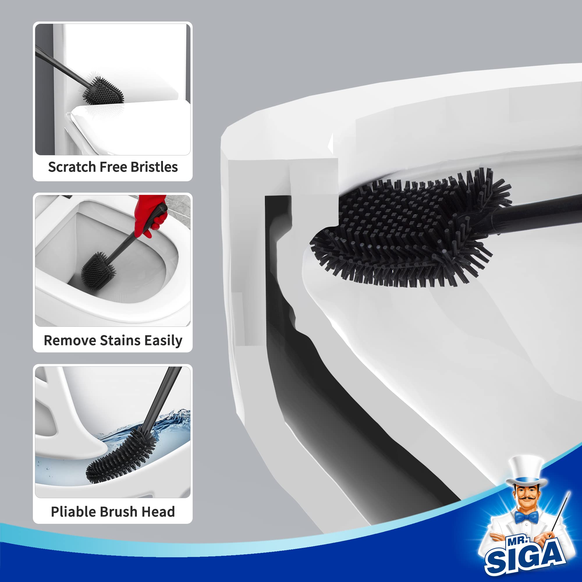 Mrsiga Toilet Bowl Brush And Holder, Durable And Flexible Bristles, Wall Mounted Toilet Brush For Bathroom Cleaning, Black, 1 Pa