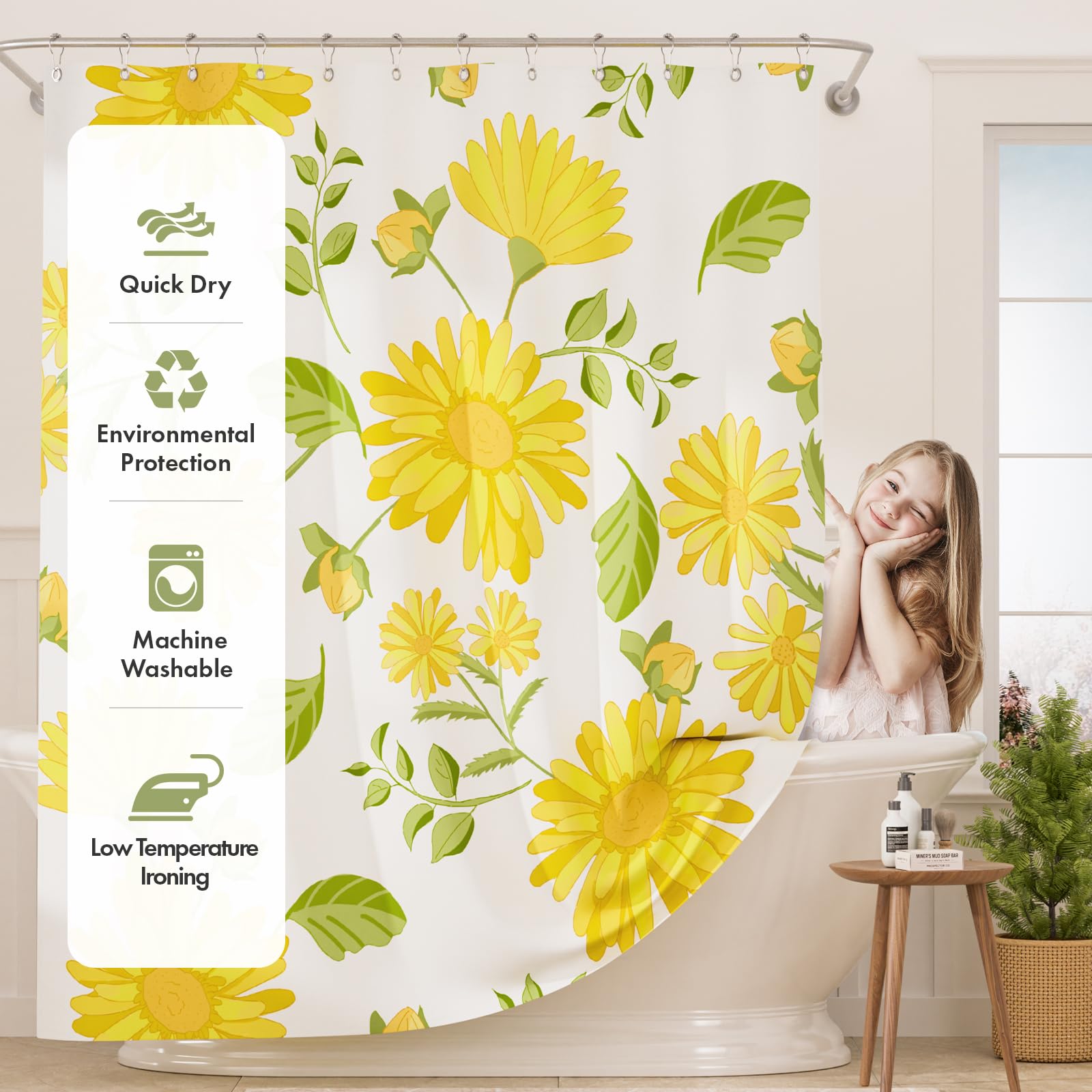 AmazerBath Floral Shower Curtain  Washable Cloth Shower Curtain Sets with 12 Shower Curtain Hooks  Fabric Rustic Yellow Gerbera Flower Eucalyptus Fall Shower Curtains for Bathroom Decor  72x72 Inches
