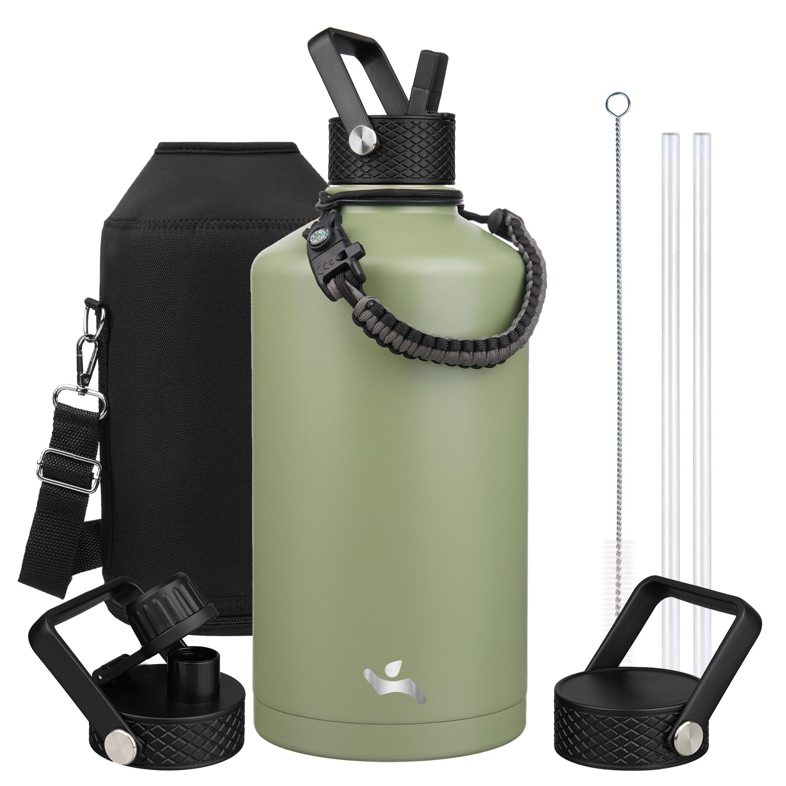 Konokyo Gallon Insulated Water Bottle with Straw,128 oz 3 Lids Water Jug with Carrying Bag,Paracord Handle, Double Wall Vacuum S