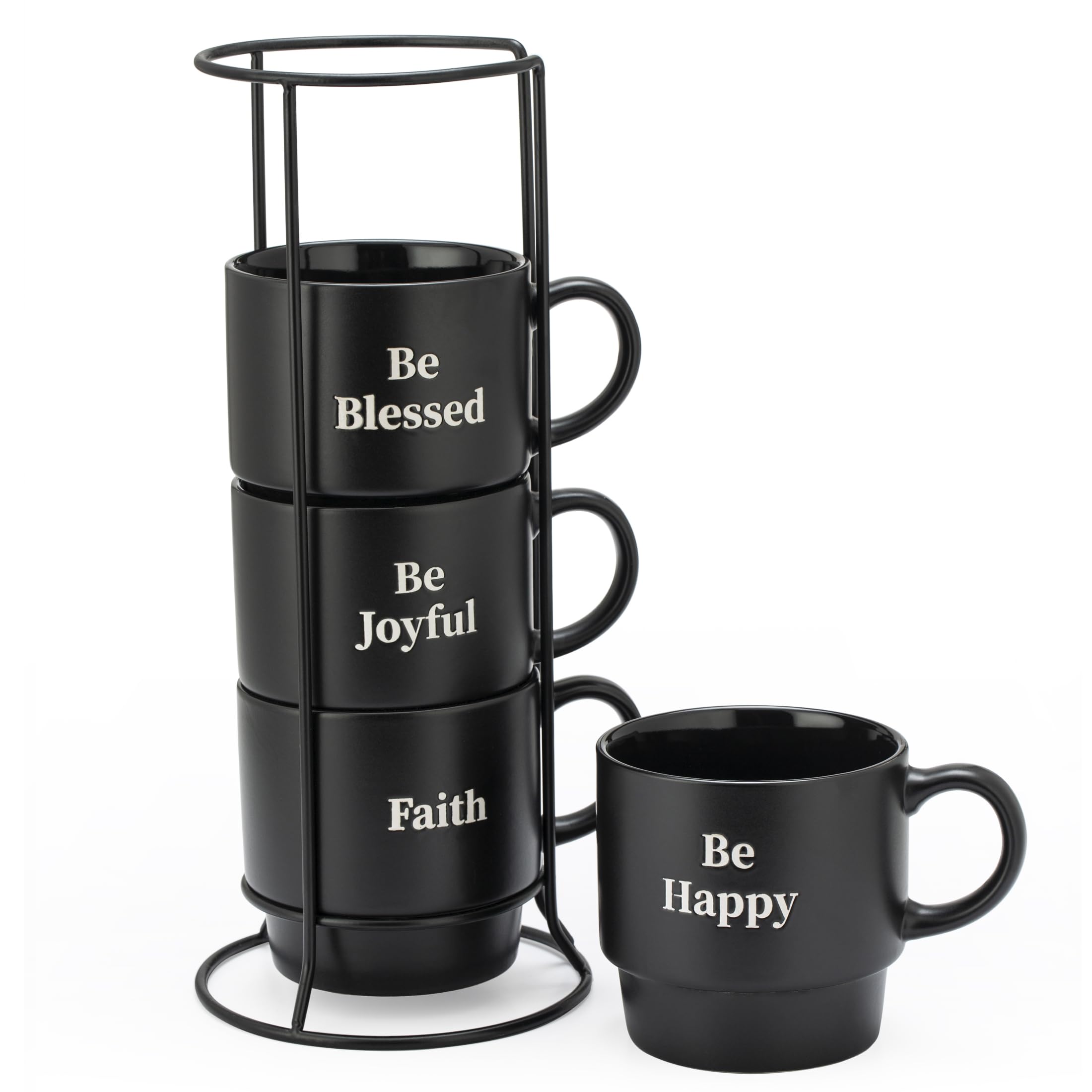 Signature Housewares Stackable Coffee Mug Tower Set with Metal Wire Rack - 15 Ounce Coffee Mugs for Coffee, Tea, Cocoa, Milk, Ca