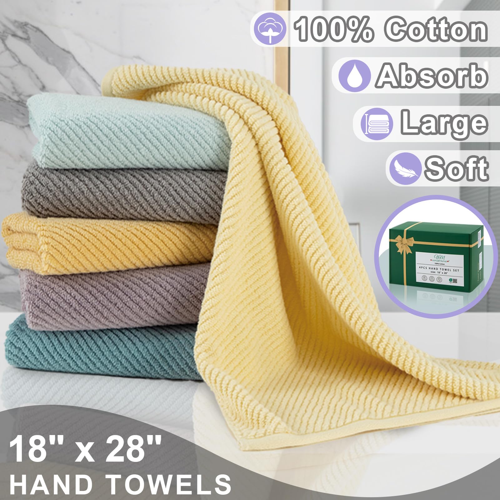Voova & Movas Purple Hand Towels, 4Pc Large 18''X 28'' - 100% Cotton | Lightweight | Thick | Quick Dry | Soft | Absorbent, Hand
