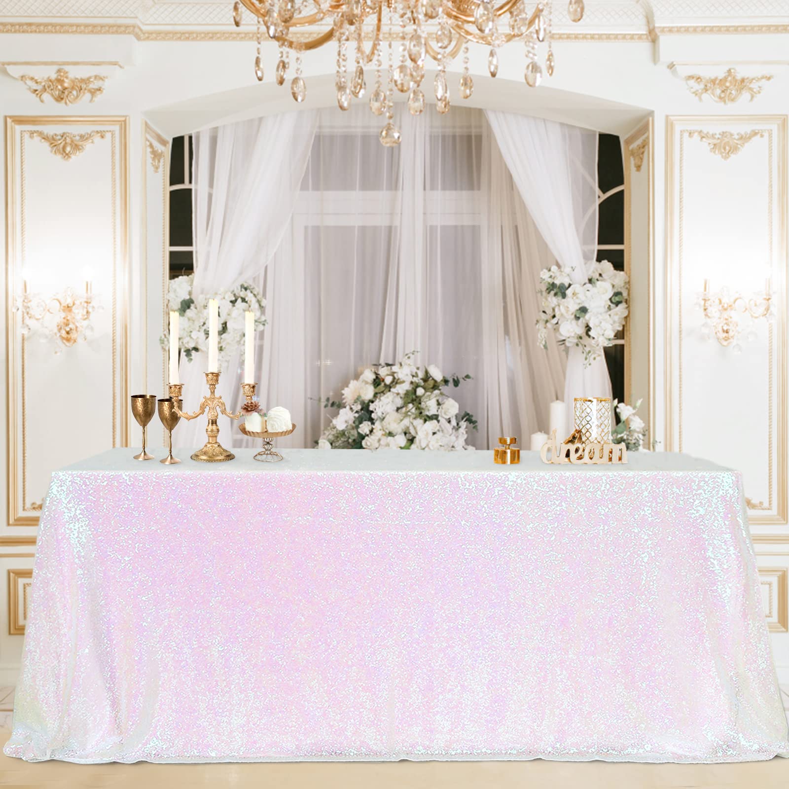 B-COOL Iridescent Tablecloth Sequin Tablecloth Glitter Rectangle 90x90 inches White Iridescent Sparkle Sequin Fabric for Wedding