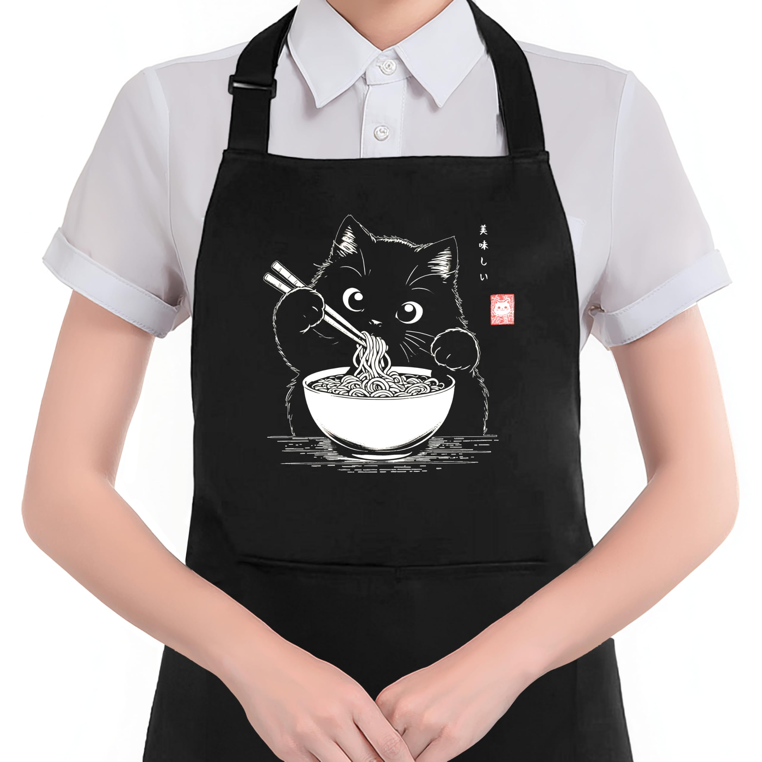 Hugane Japanese Ramen Black Cat Apron With Pockets, Cat Lover Mom Dad Gifts, Funny Noodle Black Kitty Kitten Waterproof Adjustab