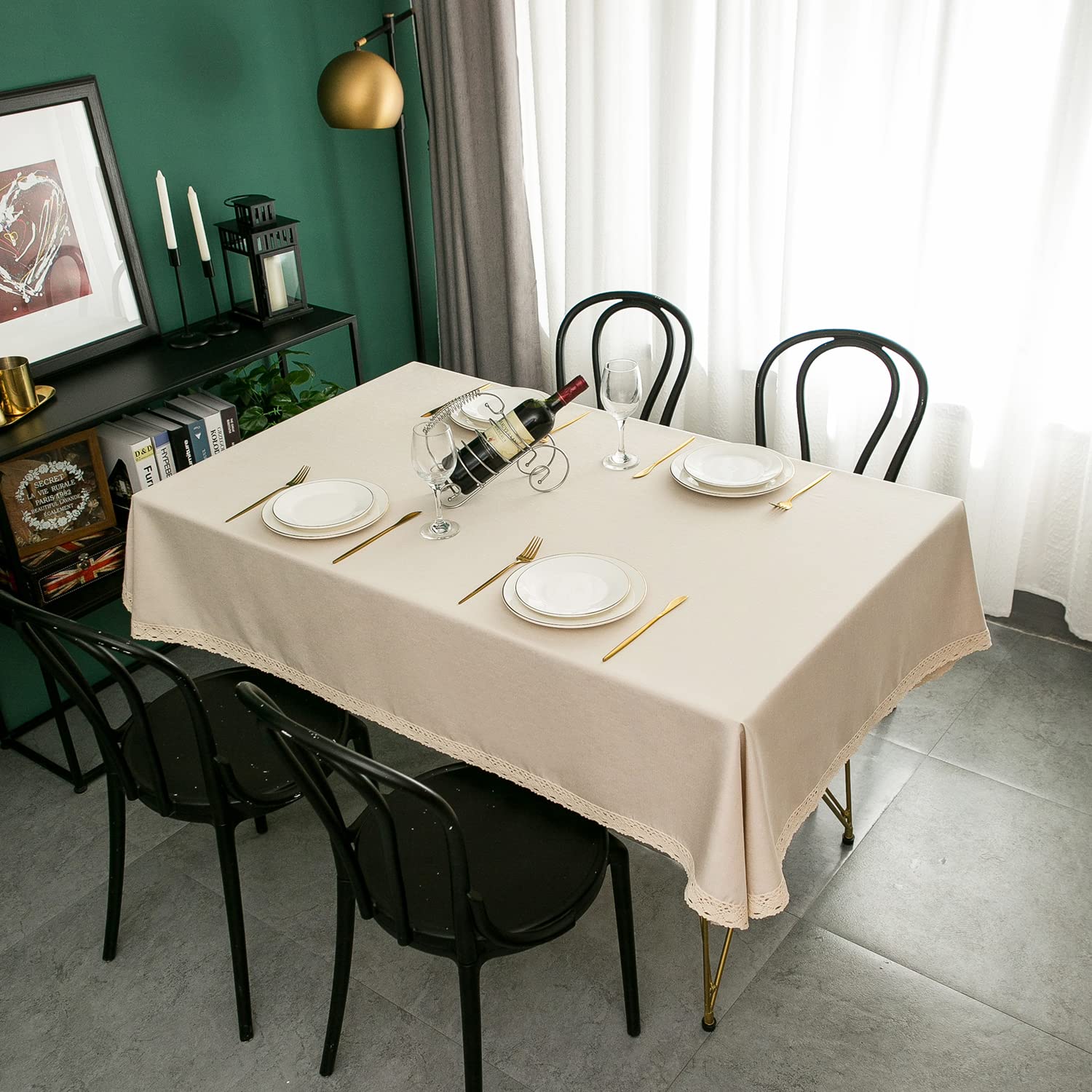 Ehousehome Faux Linen Tablecloth With Lace Trim - Waterproofspill Proofstain Resistantwrinkle Freeoil Proof - For Banquet, Parti