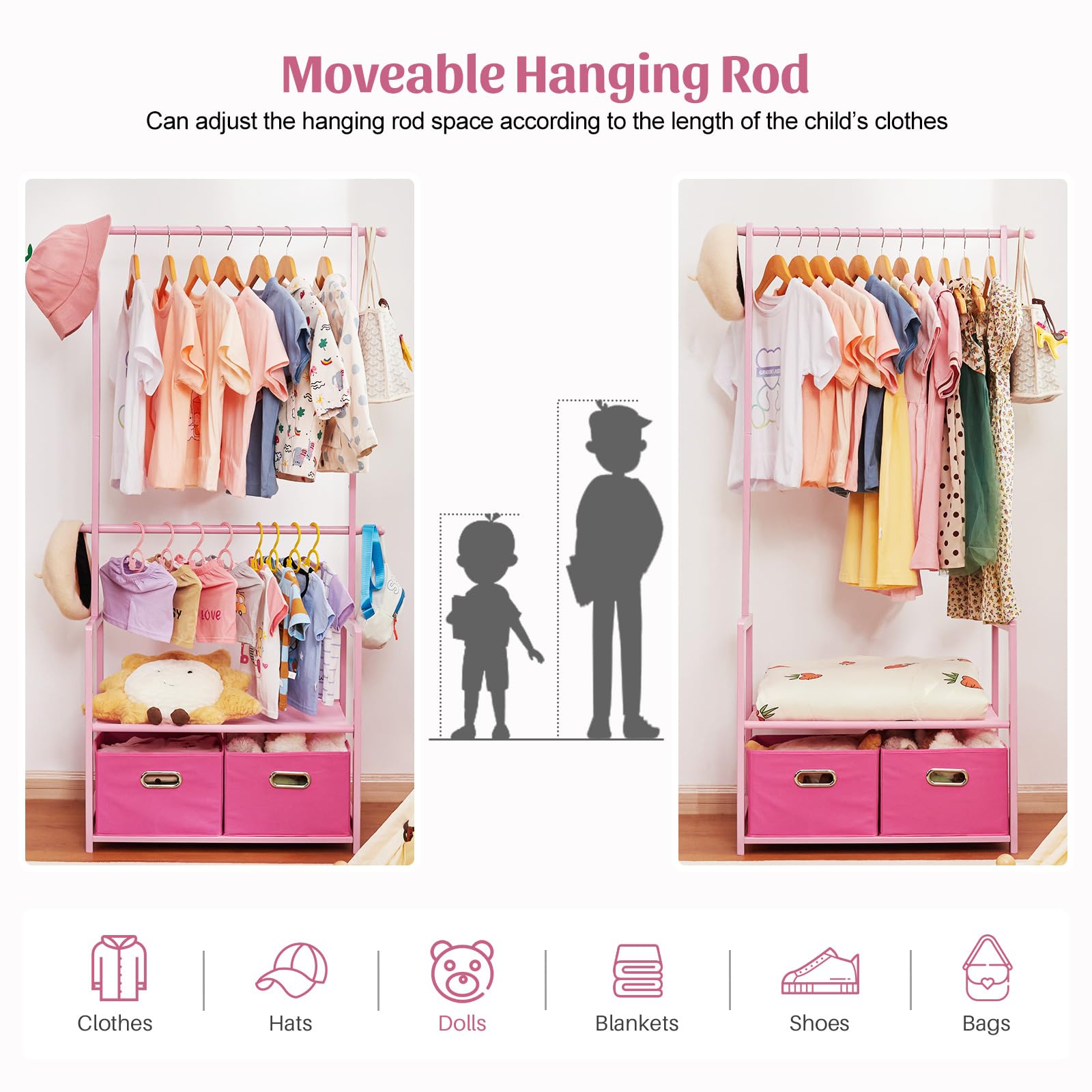 Vilaxing Bamboo Kids Clothing Rack with 2 Baskets & Adjustable Rods, Pink, Model UF101, Ideal for Playroom & Bedroom