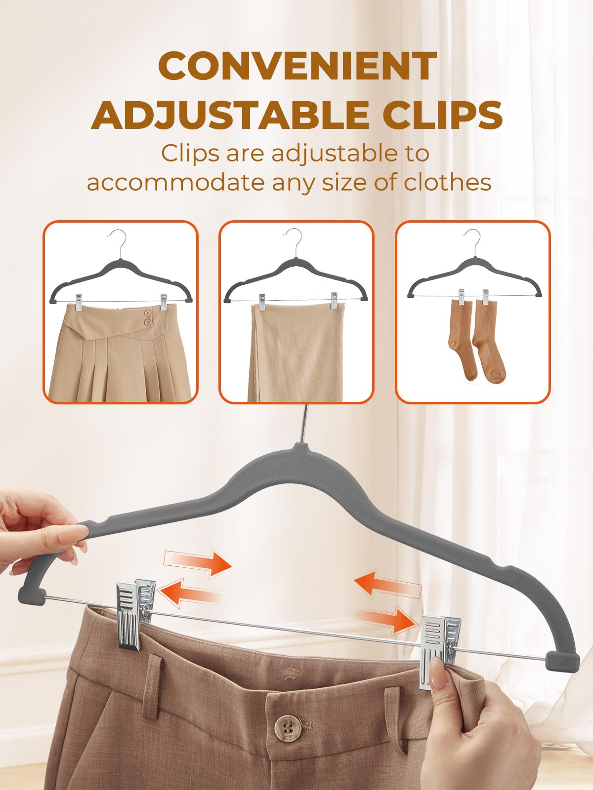 HOUSE DAY Velvet Skirt & Pant Hangers - 12 Pack, Gray, Adjustable Clips, Heavy Duty, Non Slip
