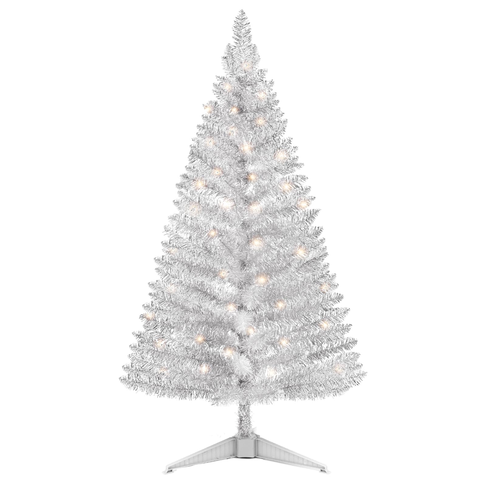 Santanelo 4ft Lighted Silver Artificial Christmas Tree with Lights,Snowy Artificial Xmas Tree, Not Pre-lit Small Xmas Pine Tree 