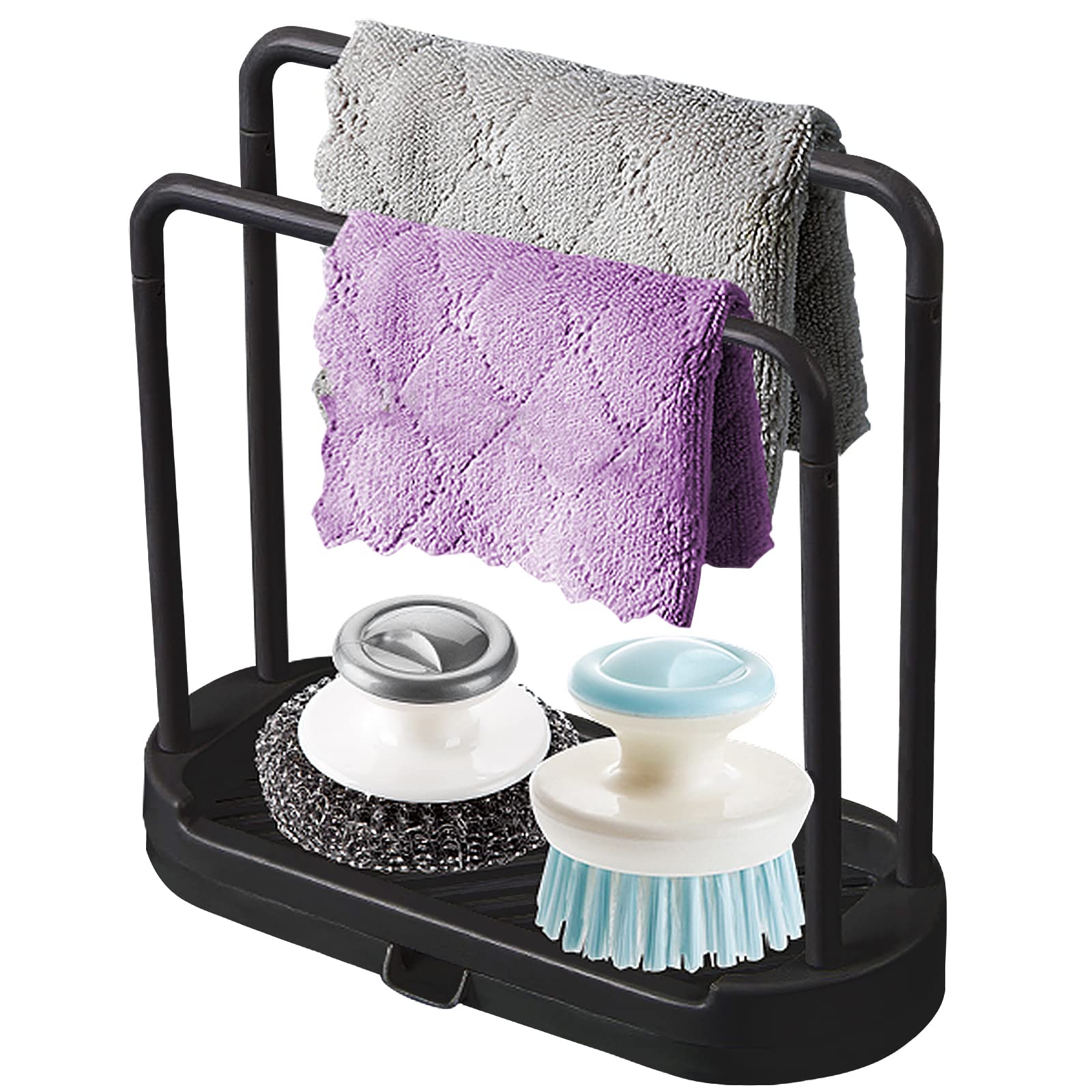 Muuboox Kitchen Sink Rack Tray Organizer Stand For Sponge, Dish Cloth, Rag, Brush, Scrubber Storage And Organization (Black)