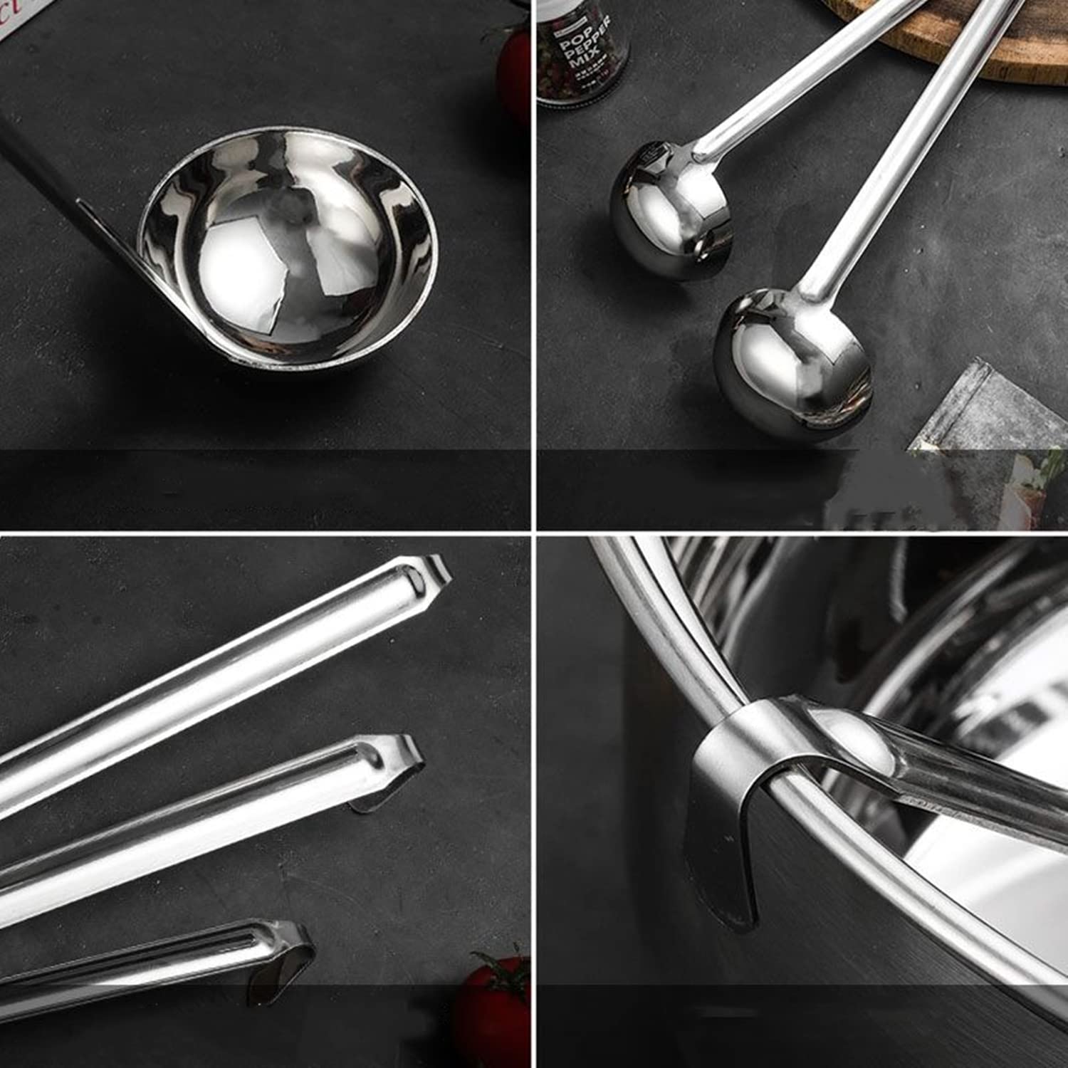 5Pcs Soup Ladle And Ladle Spoon,Odowalker Stainless Steel Hooked Handle Ladle With Pouring Rim For Kitchen Cooking Soup Sauce (1