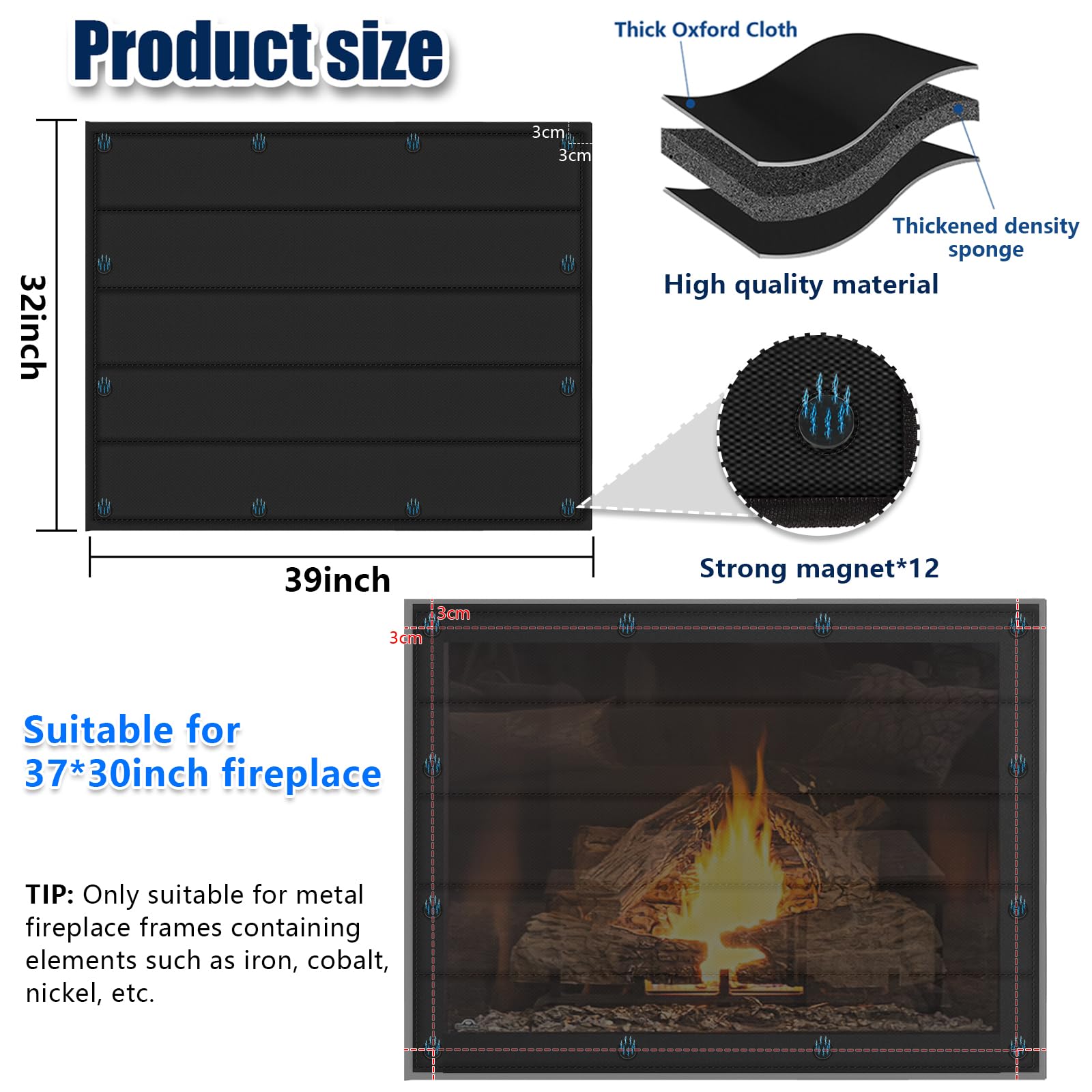 Whumsdog Magnetic Fireplace Blanket - Black, 39"x32", Metal, Model 1 - Heat Loss & Draft Stopper with Built-in Magnets