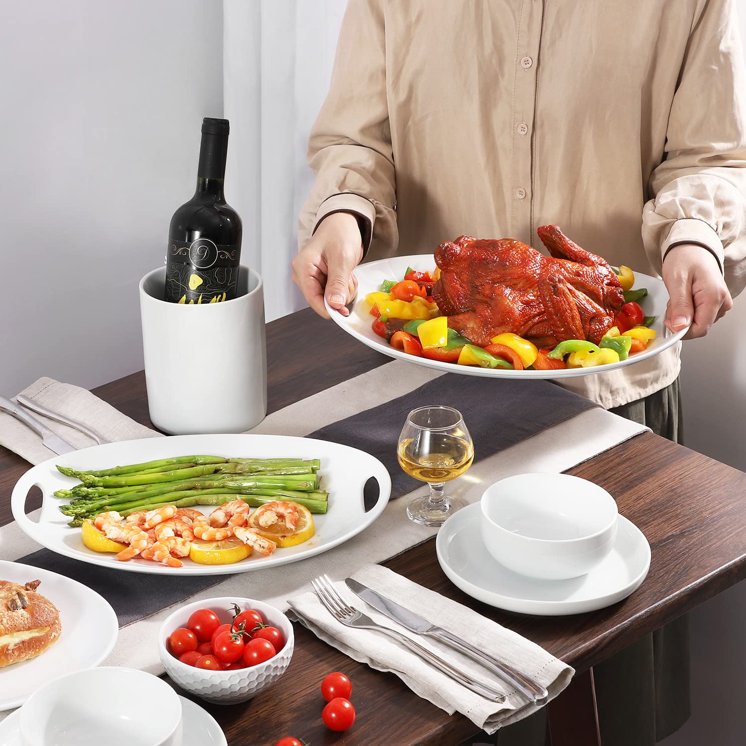 Buyajuju Porcelain Serving Platter With Handles, 14'' Serving Dishes For Entertaining, Oval Serving Tray For Salad, Stew, Fruits