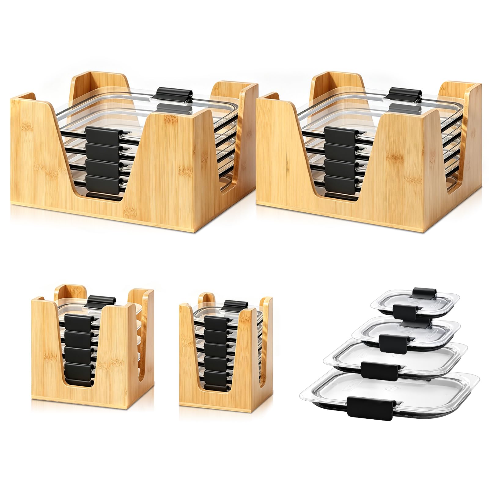 HKSZEH 4 Pcs Bamboo Wood Food Container Lid Organizer for Rubbermaid Brilliance Snapon Lids Fits 9.6/4.7/3.2/1.3/0.5 Cup Lids K