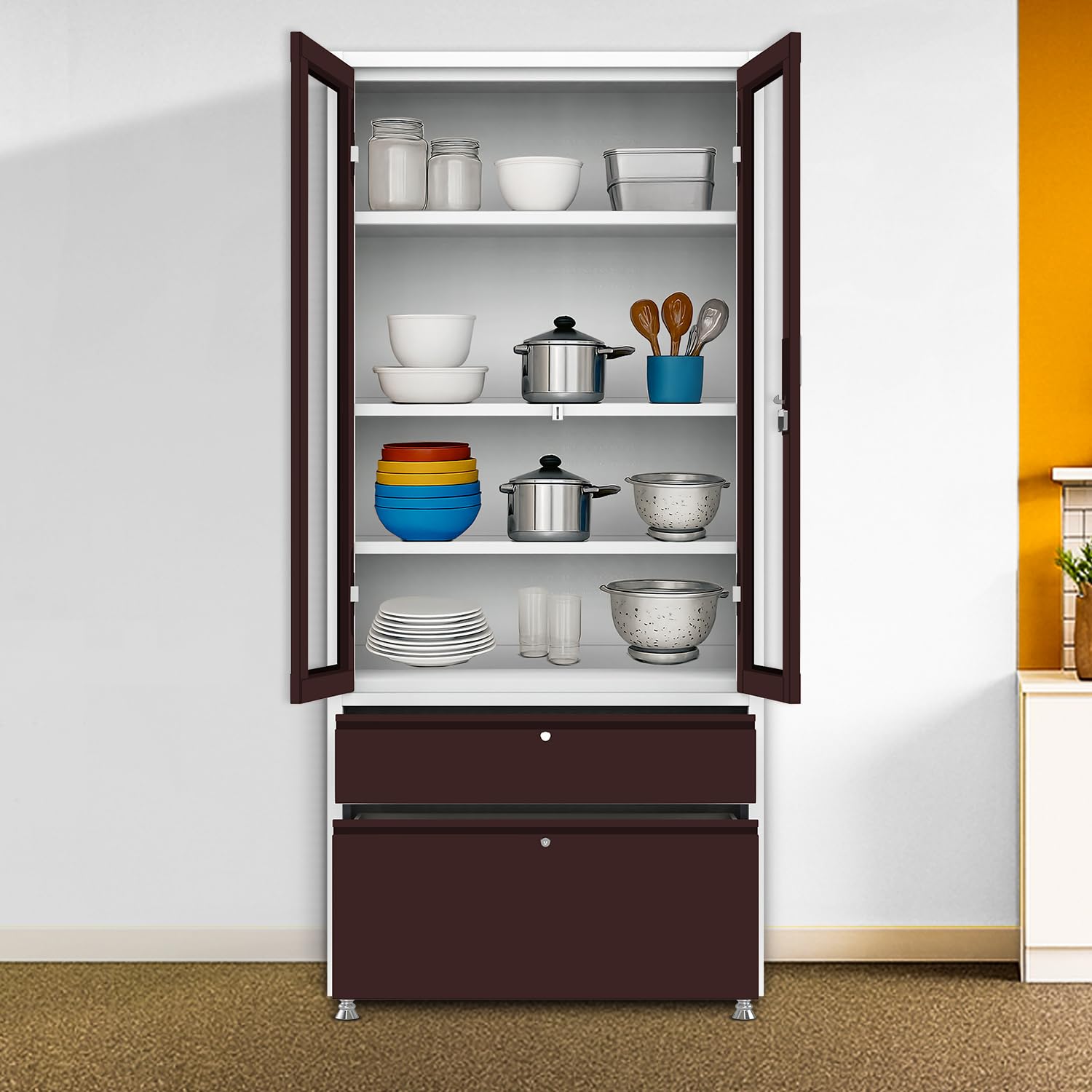 Triveni Almirah Annapurna5 Steel Wardrobe For Kitchen & Home Use | 10 Year Guarantee On Paint & Locks | 2Door Glass Almirah Wi