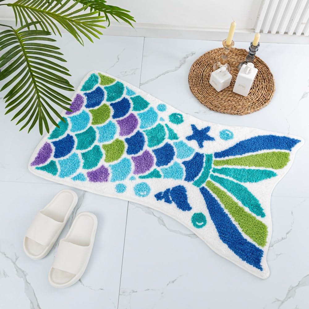 Cute Mermaid Bath Mat Funny Blue Ocean Fish Mermaid Scales Tail Shape Bath Rugs For Bathroom Non-Slip Soft Thick Microfiber Abso