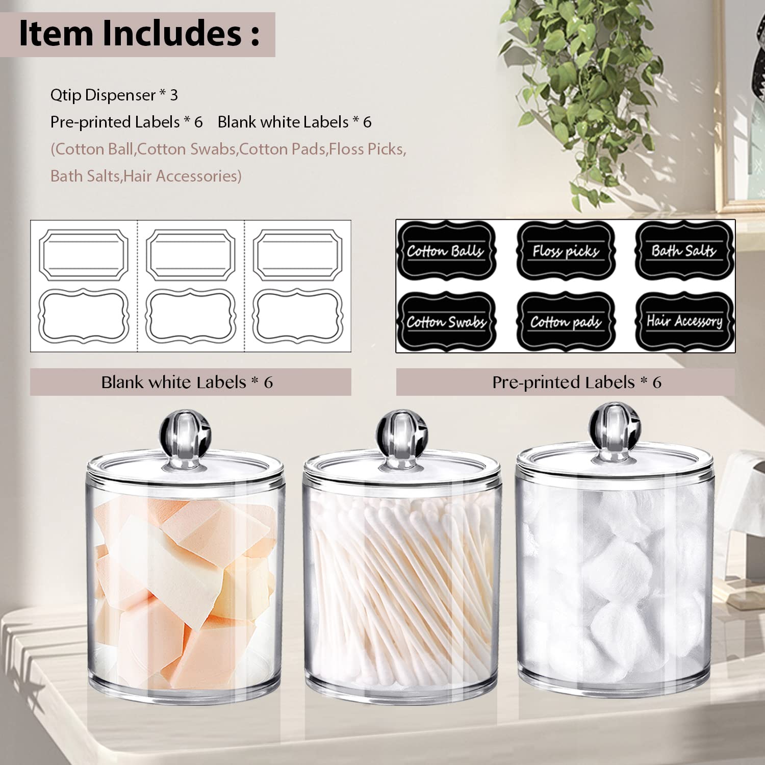 SheeChung 3 Pack Qtip Dispenser Apothecary Jars Bathroom with Labels-12 Oz Clear Plastic Qtip Holder Storage Set for Cotton Ball Cotton Swab Cotton Rounds Floss Picks  Hair Clips Hair Ties
