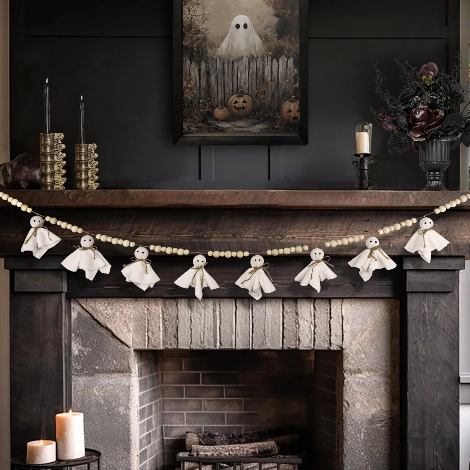 7.2 FT Halloween Garland Ghost Decorations, Adjustable Hanging Cute Ghost Garland Mantel Decor, Handmade Wooden Beads Halloween