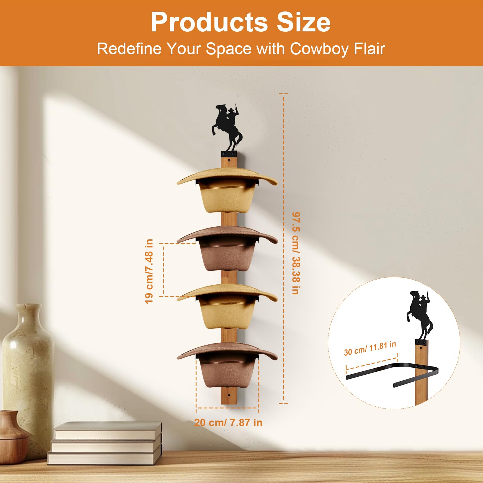 Fluffytree Cowboy Hat Rack, 4 Pieces Hat Rack For Cowboy With Wooden Board, Gift Cowboy Hat Holder Wall Storage-Organizer Wester
