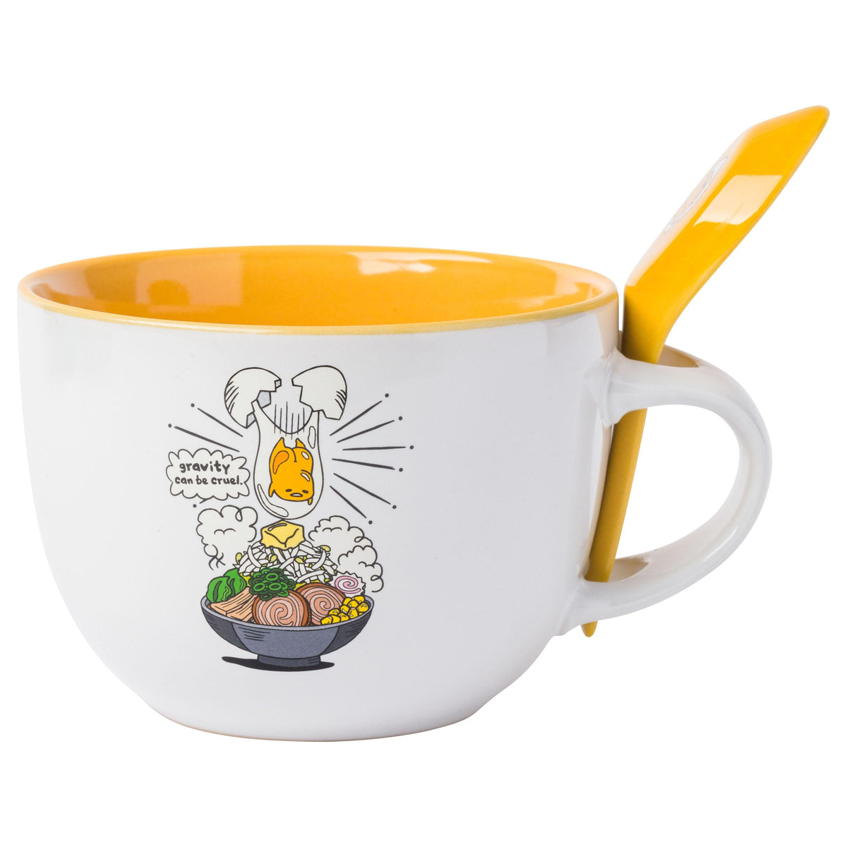 Silver Buffalo Sanrio Gudetama Lazy Egg Dangerous Situations Ceramic Soup Mug With Spoon, 24 Ounces