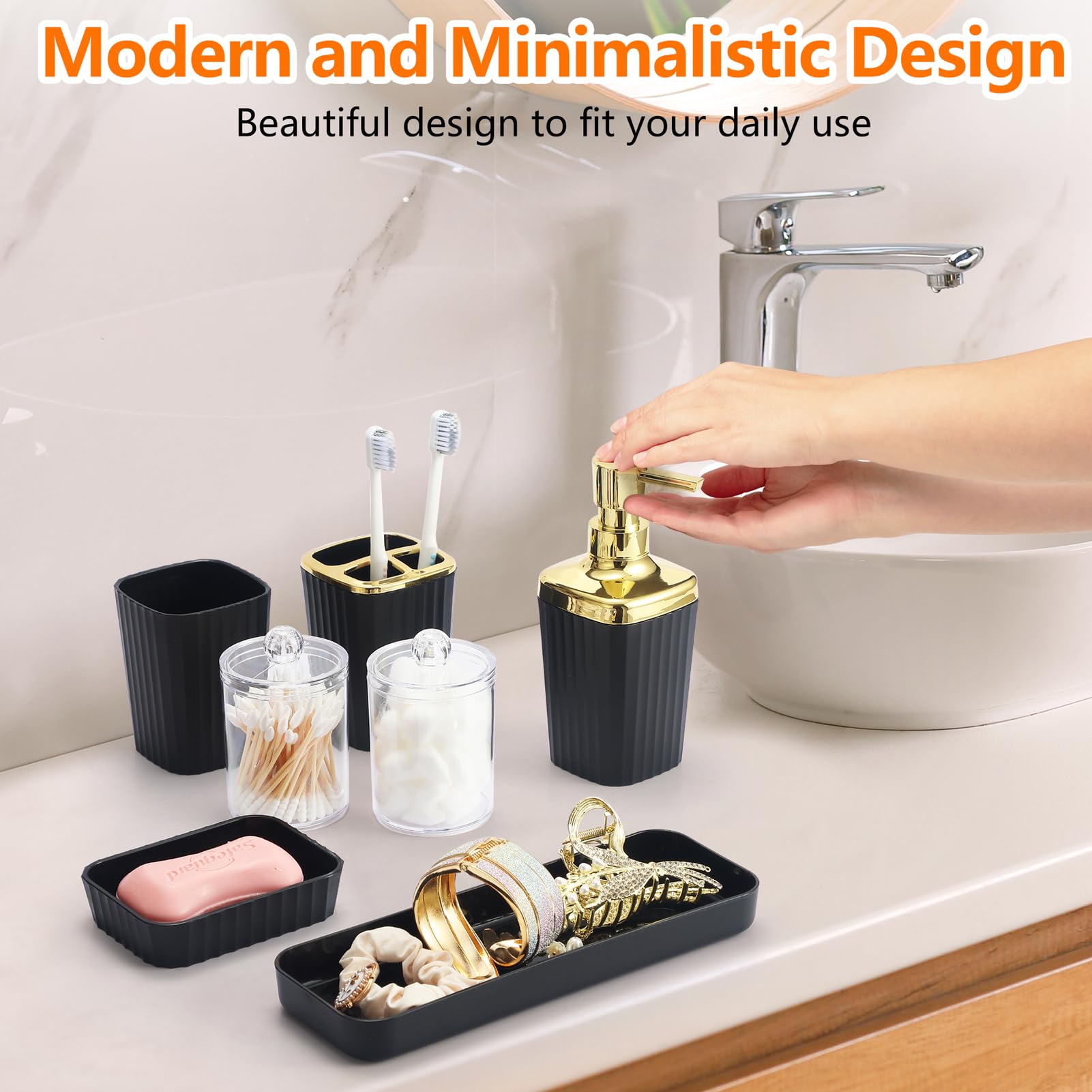 Black Bathroom Accessories Set,9 Piece Black Bathroom Accessory Set With Toothbrush Holder, Trash Can, Lotion Soap Dispenser, To