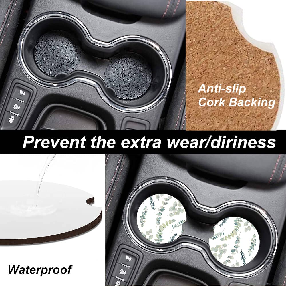 Green Leaf Watercolor Floral Absorbent Cup Holders Car Coasters Ceramic Stone Drinks Coaster Set for Women Man 2.56''(2 Pack)