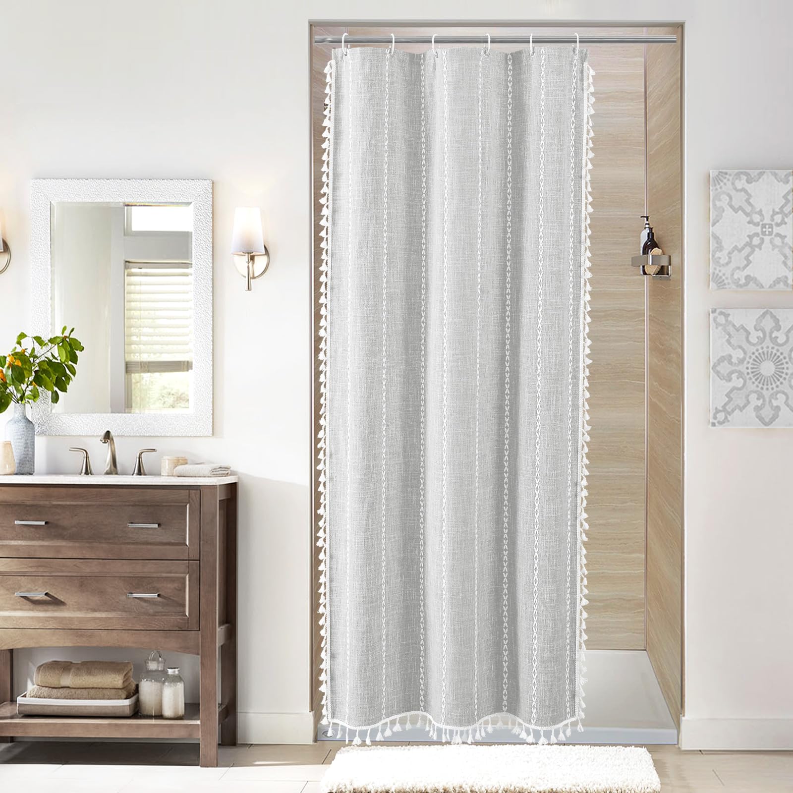 Mitovilla Grey Boho Farmhouse Small Stall Shower Curtain Set 36 X 72, Half Size Narrow Cotton Linen Fabric Shower Curtains For F