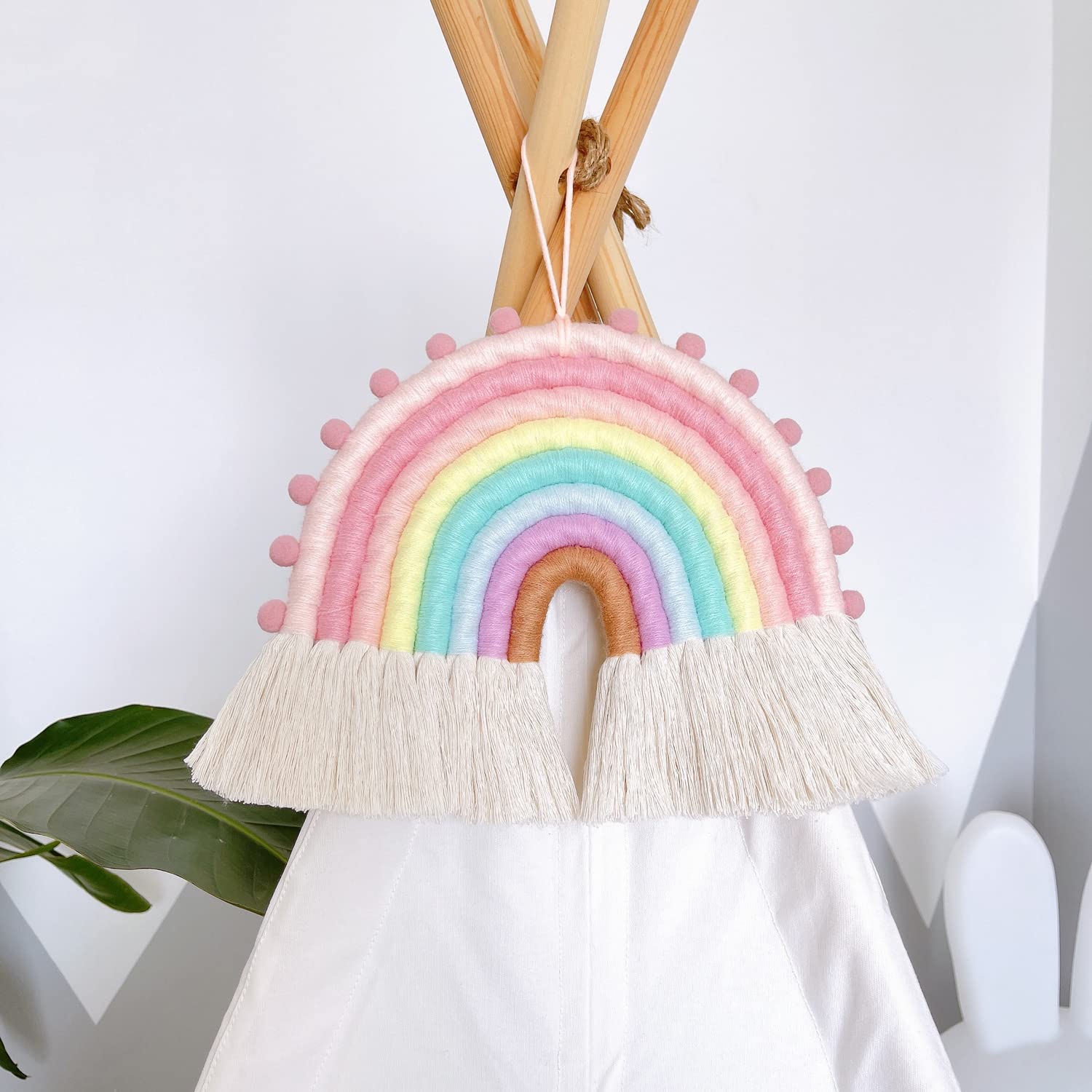Large Macrame Rainbow Wall Hanging Decor Handmade Pom Pom Garland Rainbow Decor For Kids Room Girls Bedroom Baby Shower Nursery