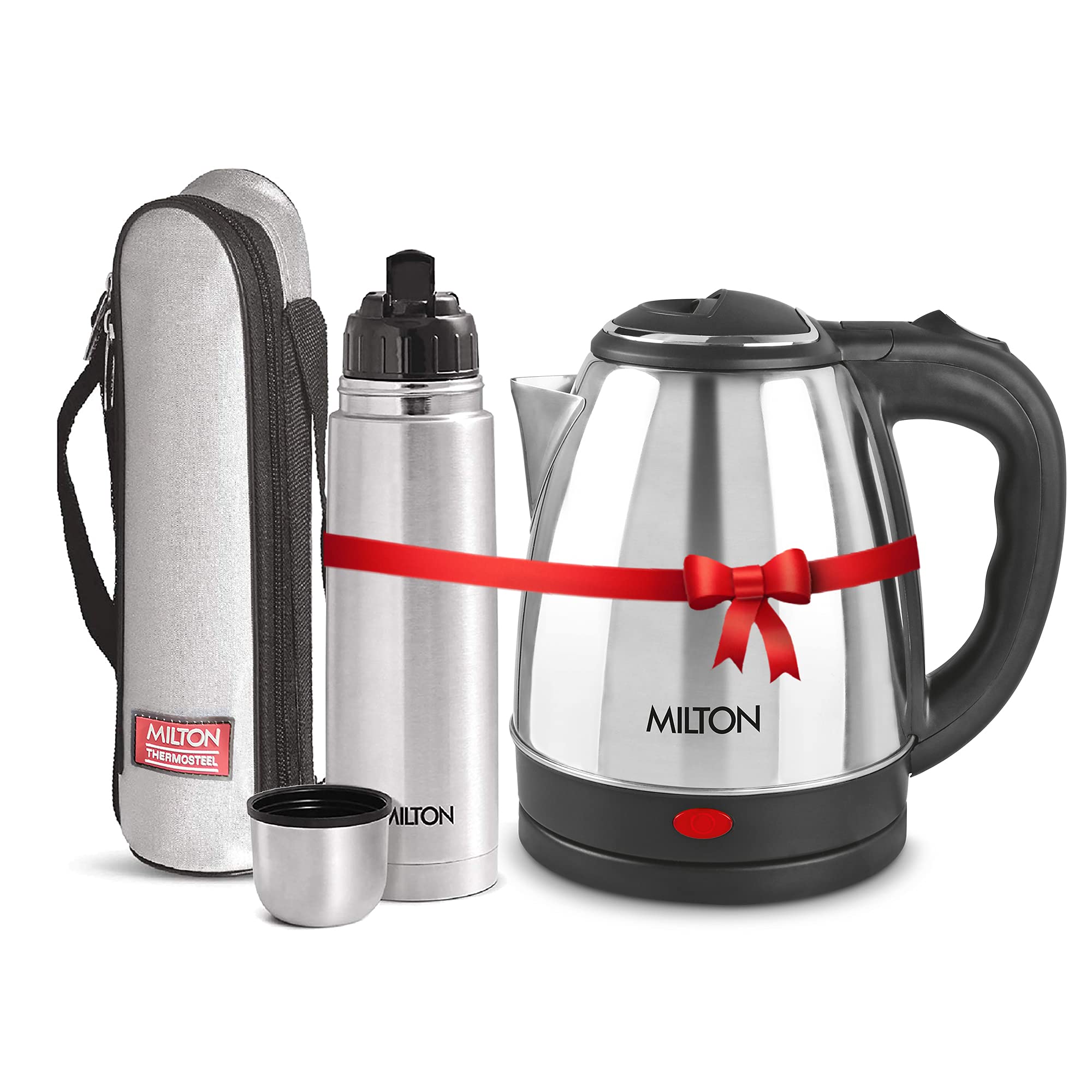 Milton Combo Set Go Electro Stainless Steel Electric Kettle, 1.8 Litres, Silver And Flip Lid Thermosteel Hot Or Cold Stainless S