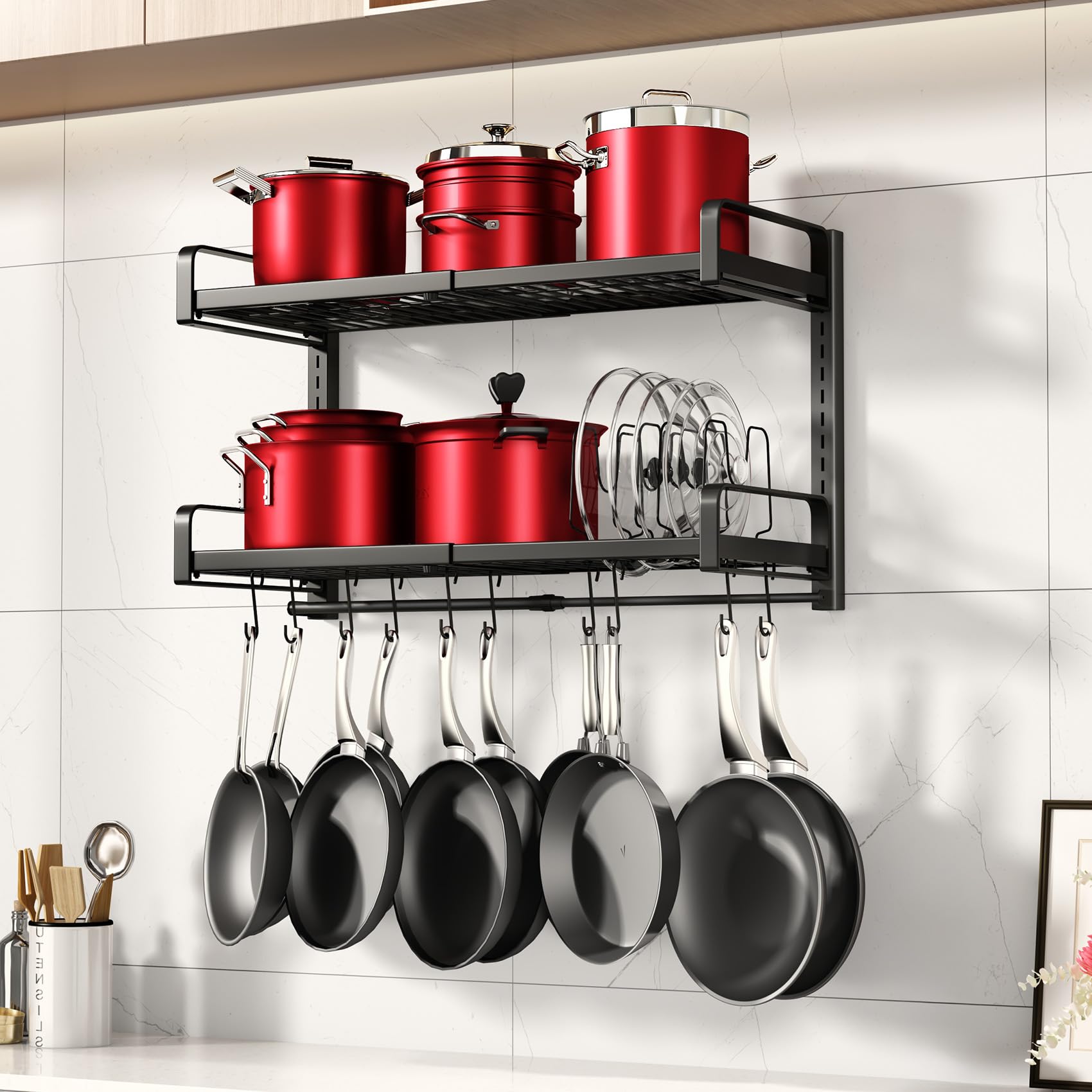 19- 30 Expandable Hanging Pot Rack, 2 Tier Heavy Duty Wall Mounted Pots and Pans Organizer with 10 Hooks and 5 Pot Lid Holders, 