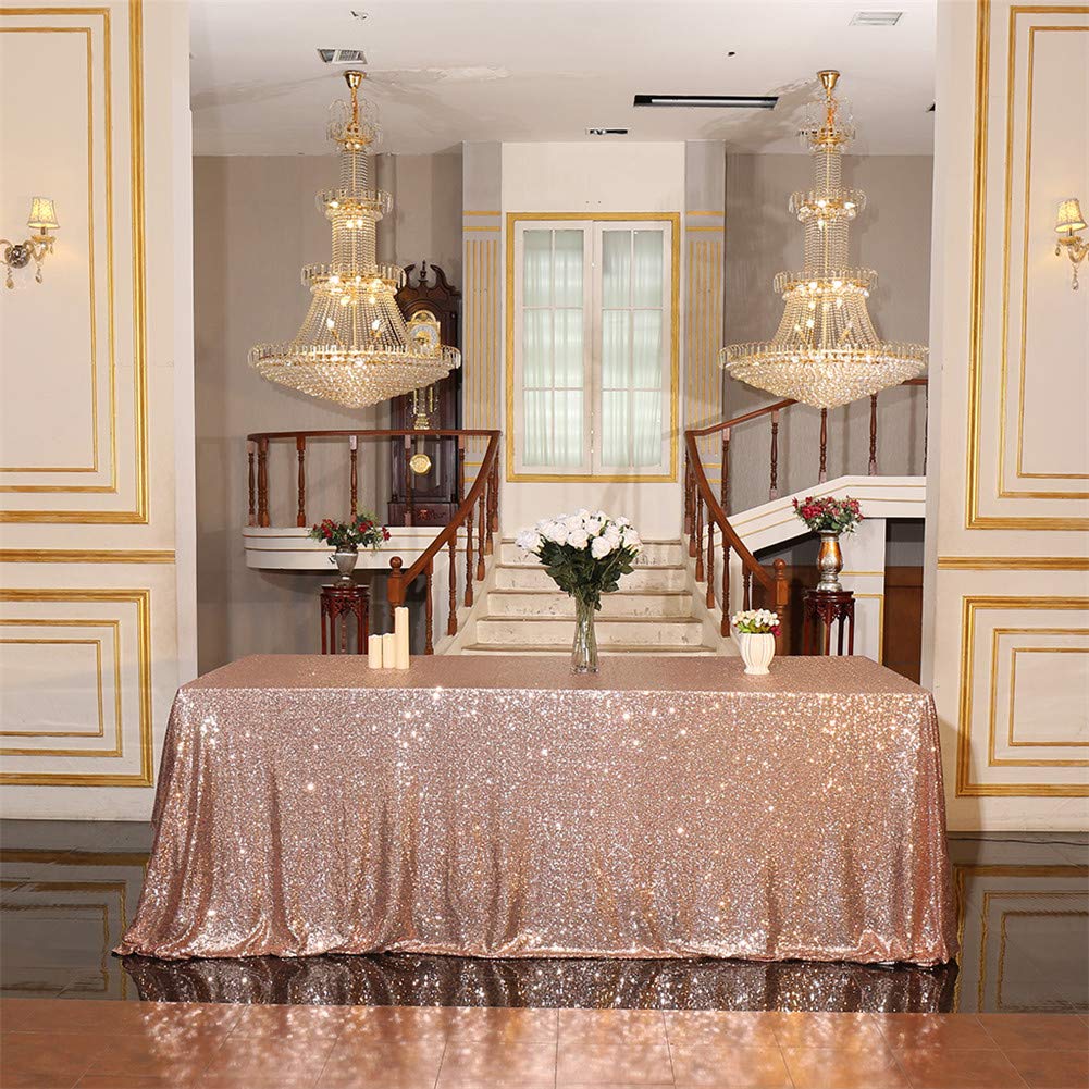 Juya Delight 60'' X 120'' Rose Gold Sequin Tablecloth Rectangle For Wedding Birthday Party Festival Ceremony Cake Dessert Table