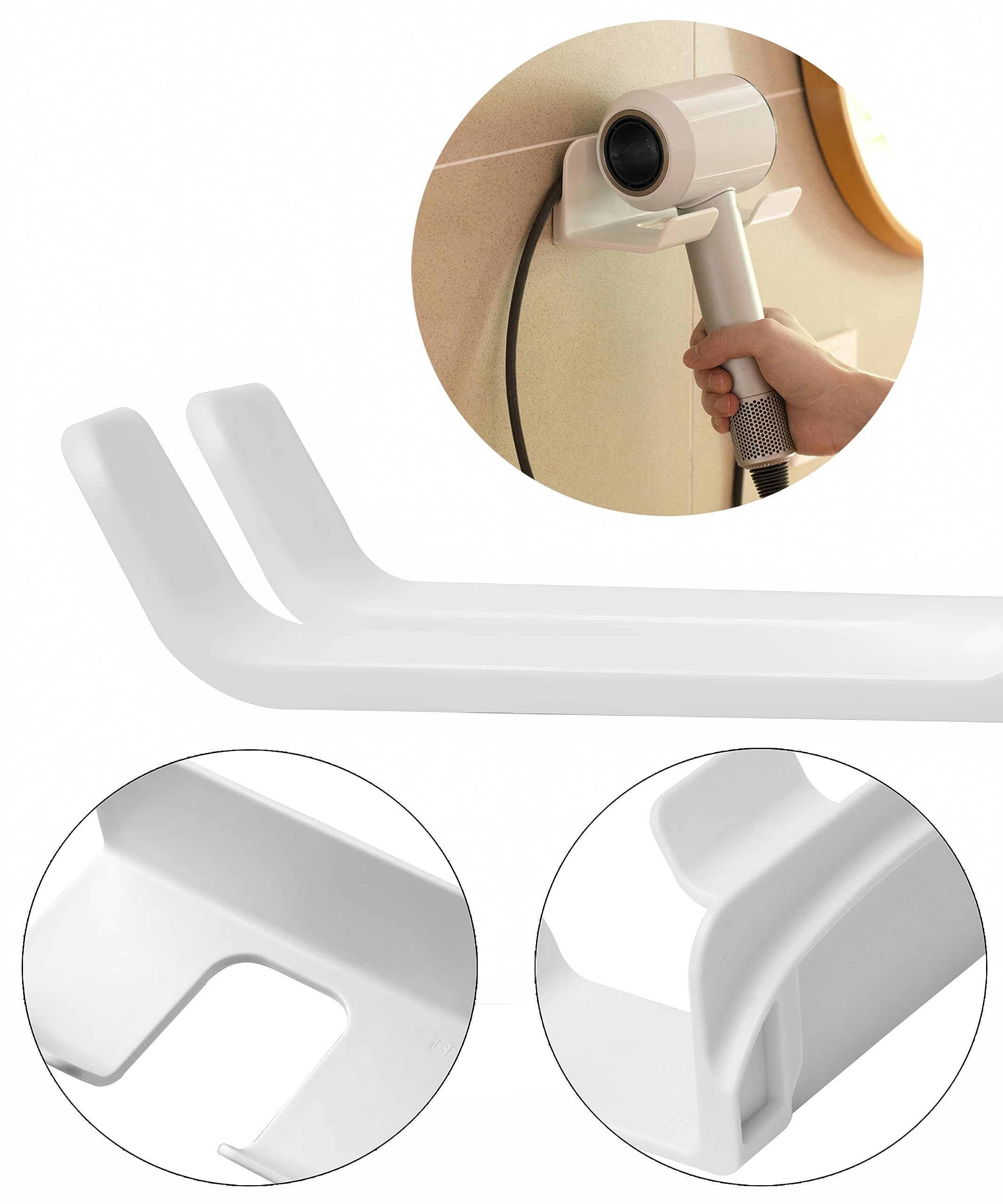 SUPTEC Universal Hair Dryer Holder  Self Adhesive Wall Mount Stand for Most Brand/Size Hair Blow Dryer Hair Dryer Organizer Rack with Plug&Wire Hook for Bathroom